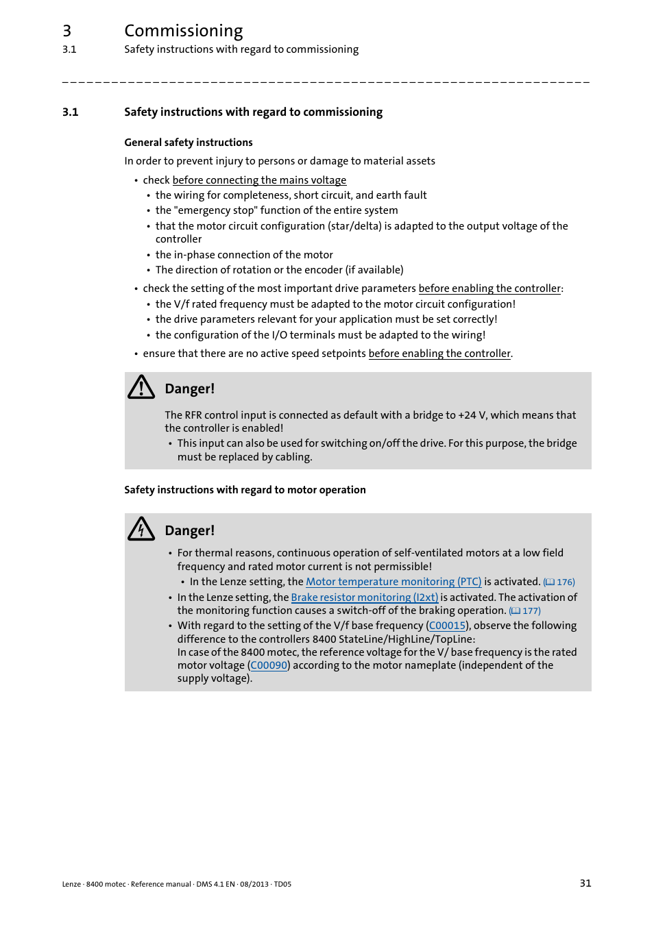 1 safety instructions with regard to commissioning, Safety instructions with regard to commissioning, 3commissioning | Lenze 8400 motec User Manual | Page 31 / 518