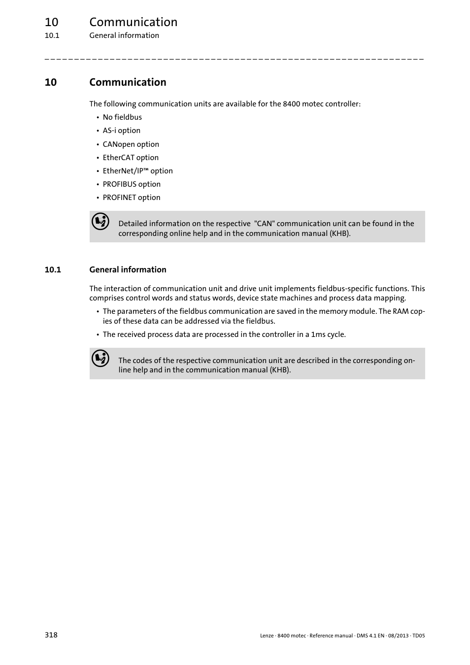 10 communication, 1 general information, Communication | Lenze 8400 motec User Manual | Page 318 / 518