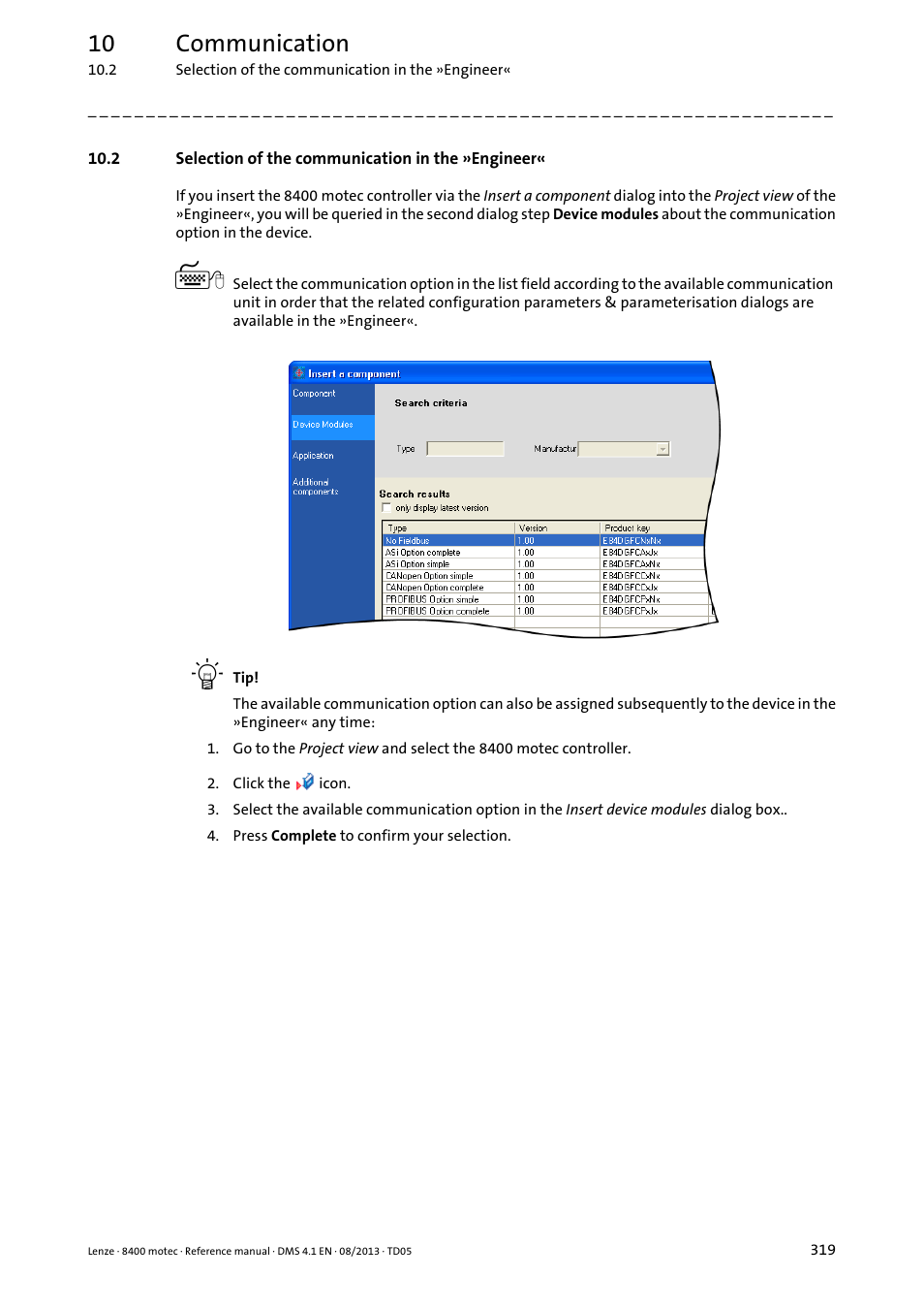 2 selection of the communication in the »engineer, 10 communication | Lenze 8400 motec User Manual | Page 319 / 518