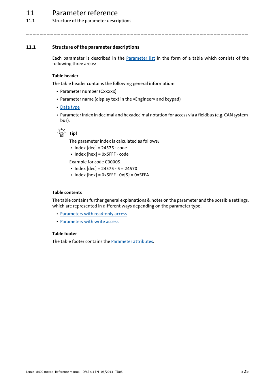 1 structure of the parameter descriptions, 11 parameter reference | Lenze 8400 motec User Manual | Page 325 / 518