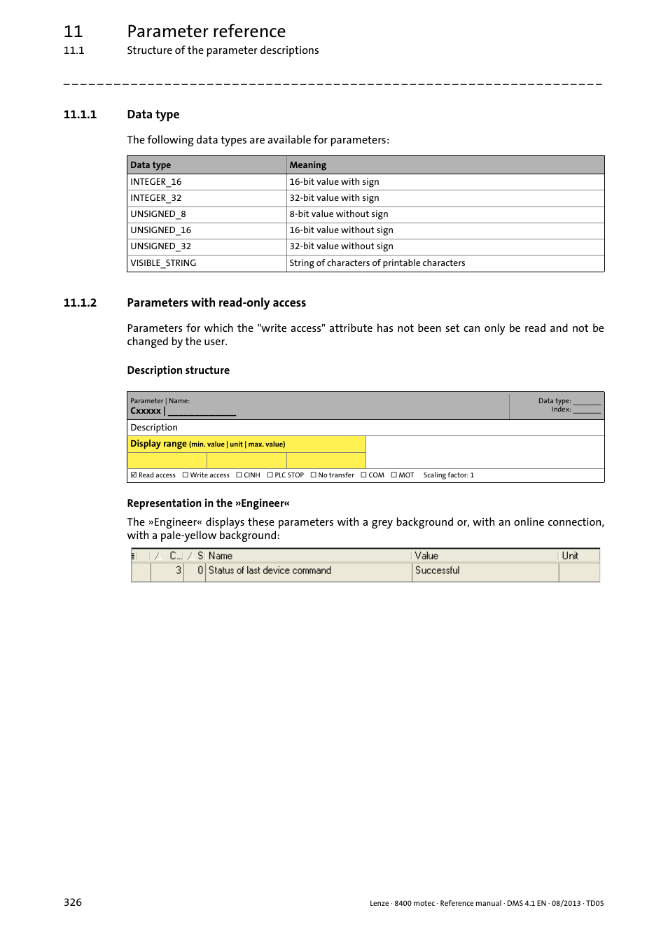 1 data type, 2 parameters with read-only access, Data type | Parameters with read-only access, 11 parameter reference | Lenze 8400 motec User Manual | Page 326 / 518