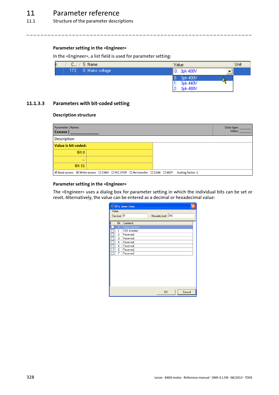 3 parameters with bit-coded setting, Parameters with bit-coded setting, 11 parameter reference | Lenze 8400 motec User Manual | Page 328 / 518