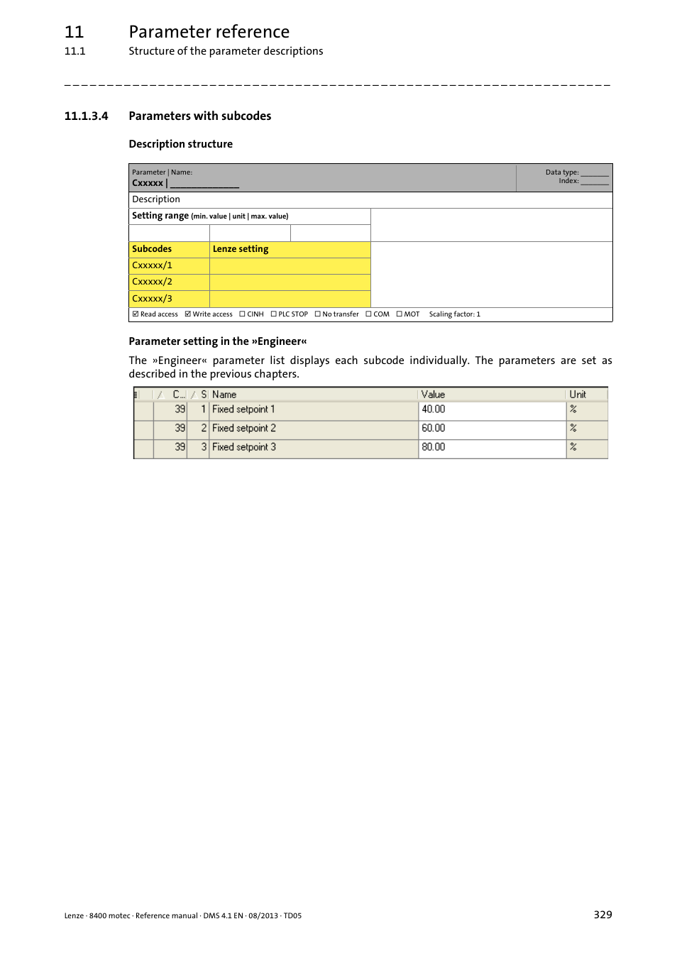 4 parameters with subcodes, Parameters with subcodes, 11 parameter reference | Lenze 8400 motec User Manual | Page 329 / 518
