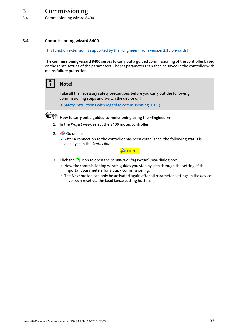 4 commissioning wizard 8400, Commissioning wizard 8400, 3commissioning | Lenze 8400 motec User Manual | Page 33 / 518