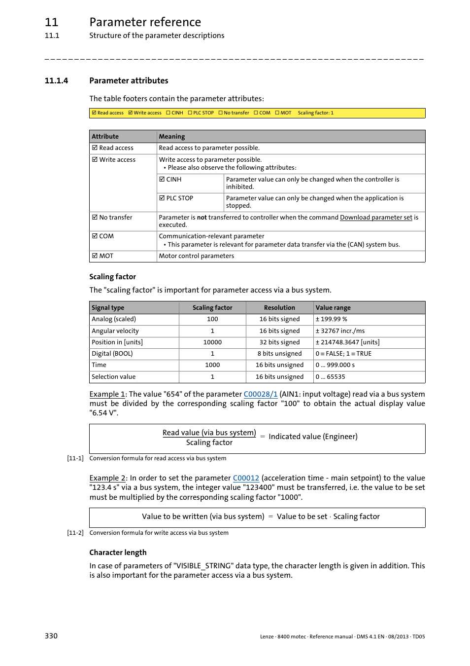 4 parameter attributes, Parameter attributes, 11 parameter reference | Lenze 8400 motec User Manual | Page 330 / 518