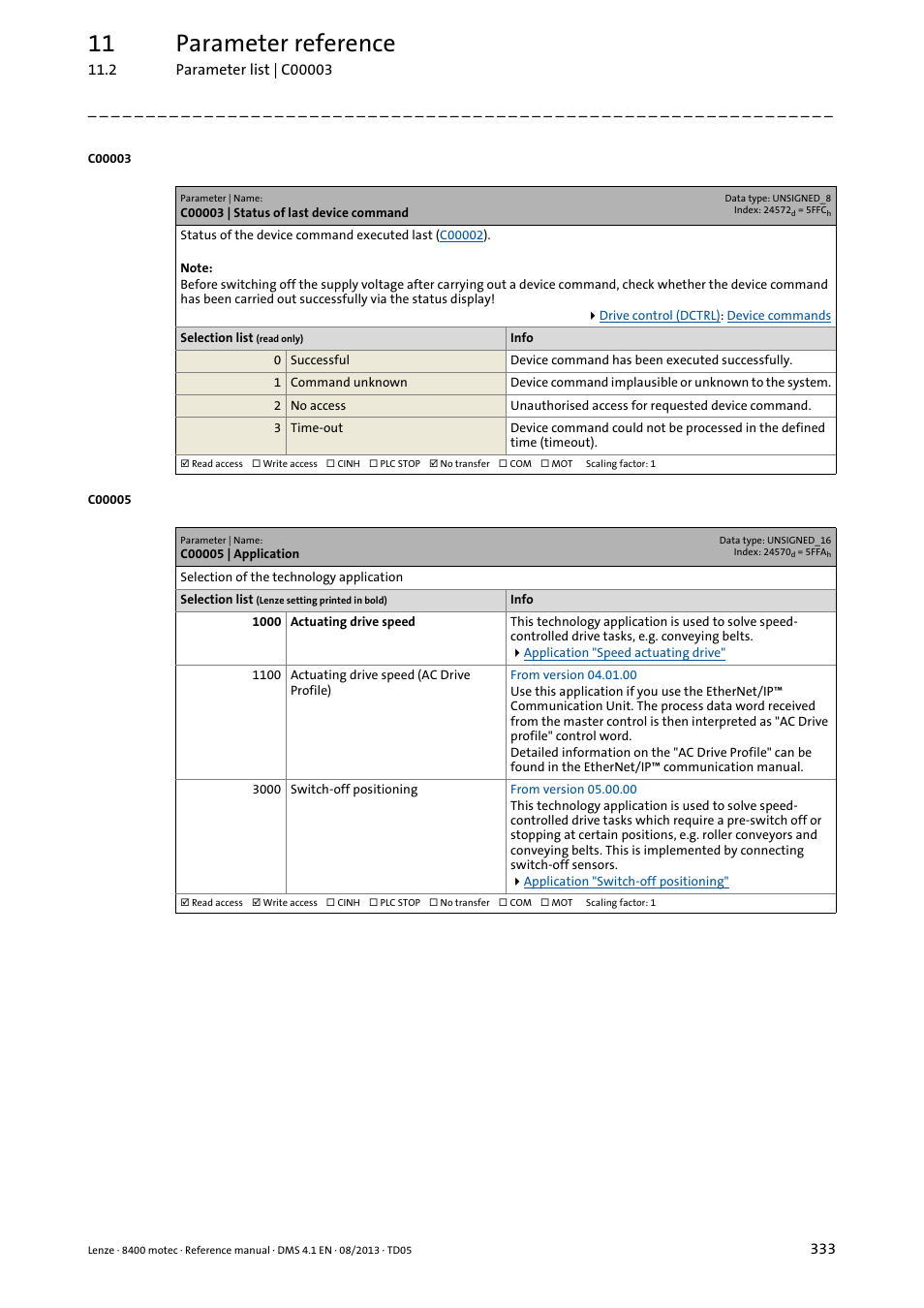 C00003 | status of last device command, C00005 | application, C00005 | C00003, Displays the st, Ication preset in, 11 parameter reference | Lenze 8400 motec User Manual | Page 333 / 518