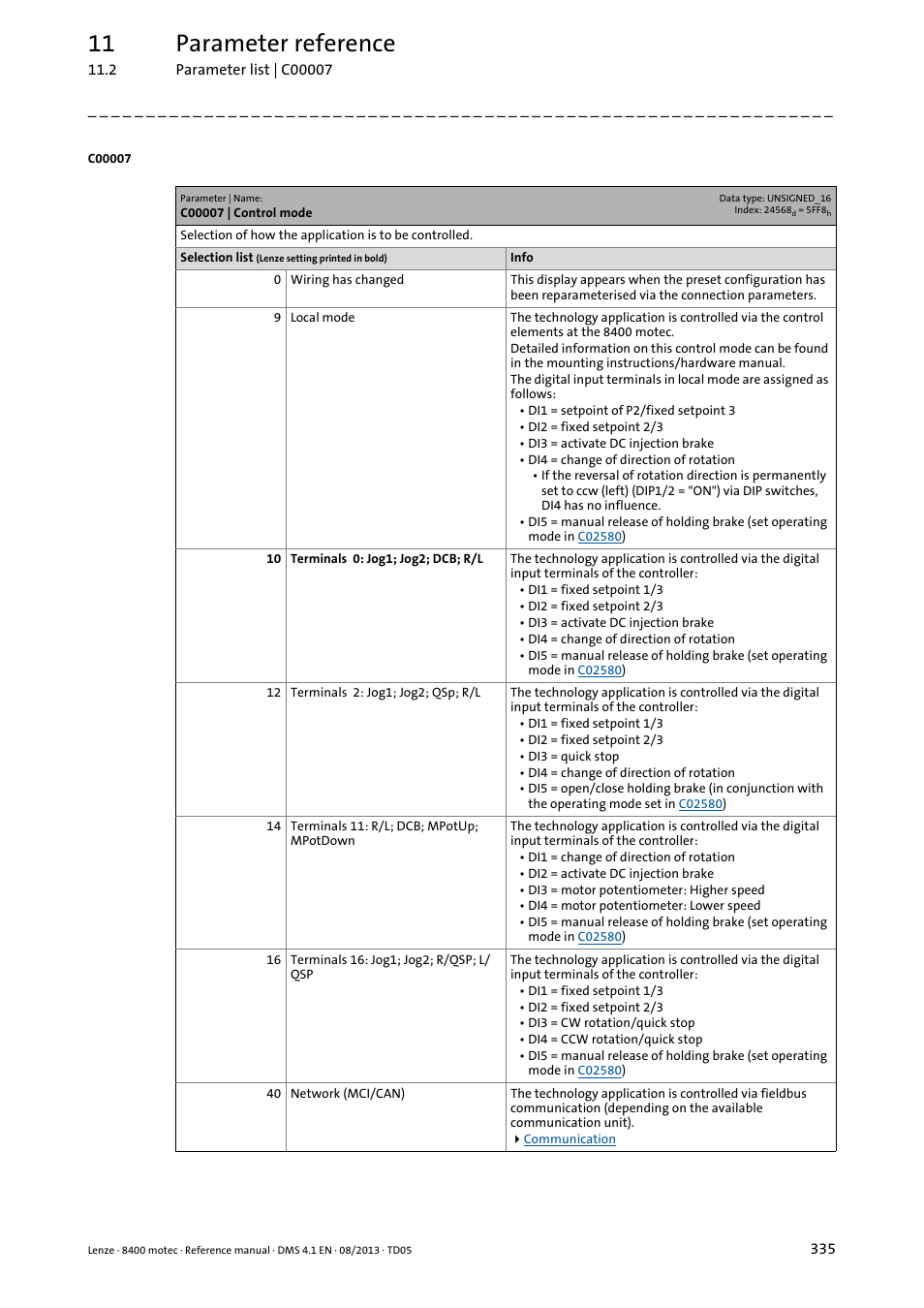 C00007 | control mode, C00007, And in case of | Control m, 11 parameter reference | Lenze 8400 motec User Manual | Page 335 / 518