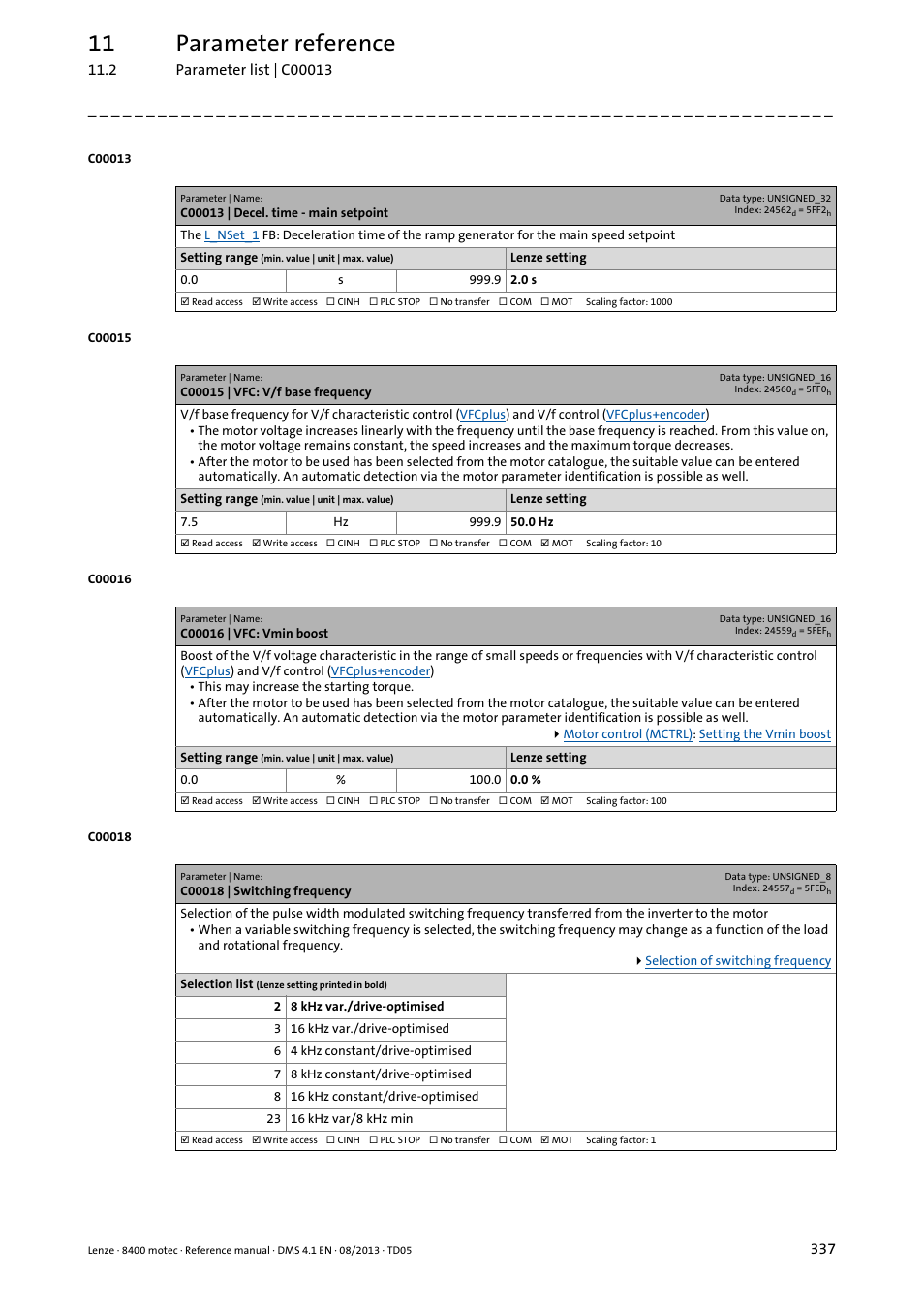 C00013 | decel. time - main setpoint, C00015 | vfc: v/f base frequency, C00016 | vfc: vmin boost | C00018 | switching frequency, C00013, C00015, C00016, C00015), C00018, And the | Lenze 8400 motec User Manual | Page 337 / 518