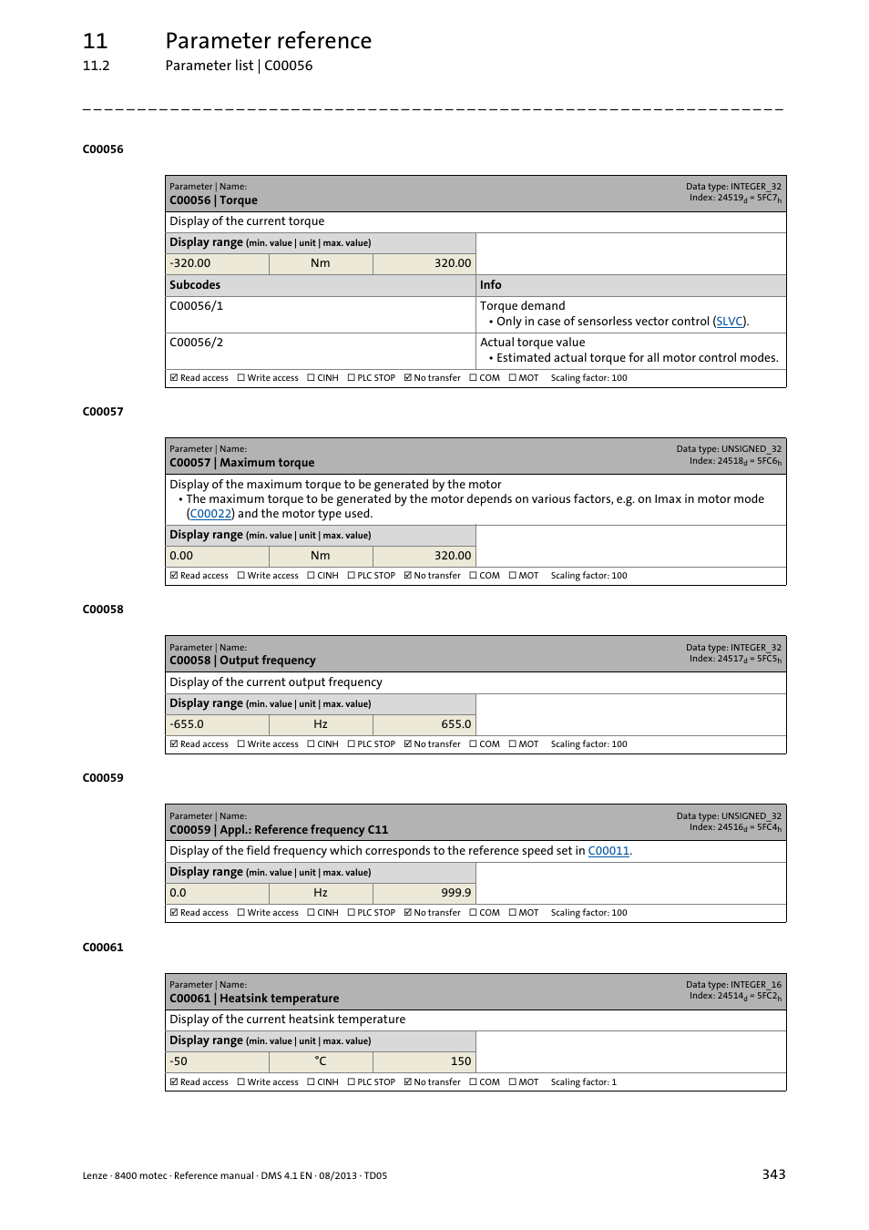 C00056 | torque, C00057 | maximum torque, C00058 | output frequency | C00059 | appl.: reference frequency c11, C00061 | heatsink temperature, C00061, Isplay in, C00058, C00056/2, C00057 | Lenze 8400 motec User Manual | Page 343 / 518