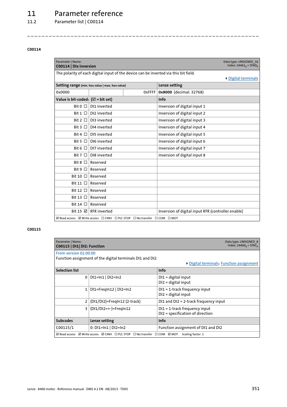 C00114 | dix inversion, C00115 | di1| di2: function, C00115/1 | C00114, Setting in, C00115, 11 parameter reference | Lenze 8400 motec User Manual | Page 351 / 518