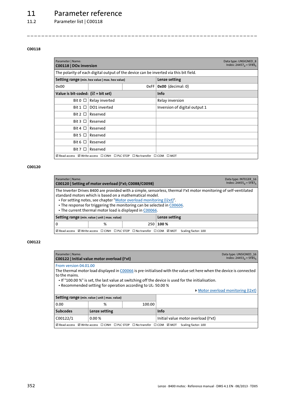 C00118 | dox inversion, C00122 | initial value motor overload (i·xt), C00120 | C00122, C00118, 11 parameter reference | Lenze 8400 motec User Manual | Page 352 / 518