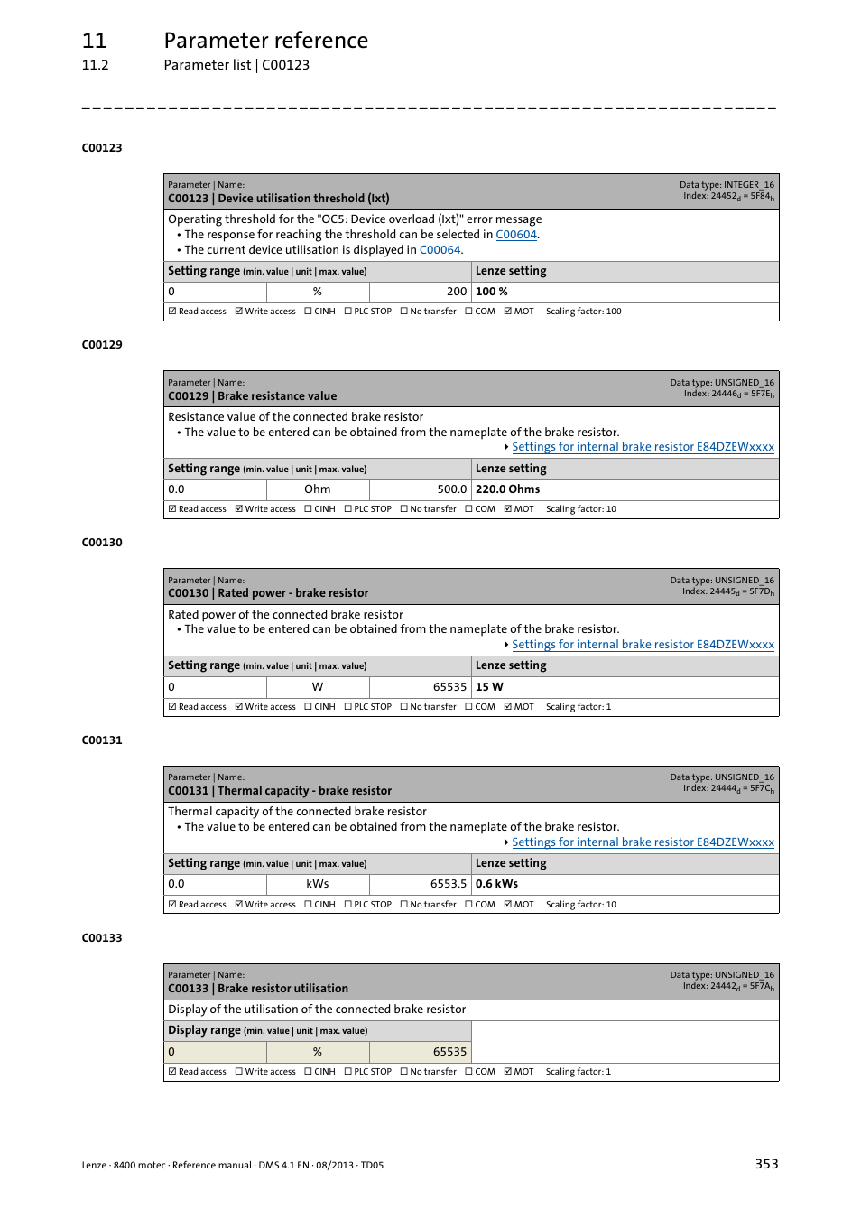 C00123 | device utilisation threshold (ixt), C00129 | brake resistance value, C00130 | rated power - brake resistor | C00131 | thermal capacity - brake resistor, C00133 | brake resistor utilisation, C00129, C00130, C00131, C00133, C00123 | Lenze 8400 motec User Manual | Page 353 / 518