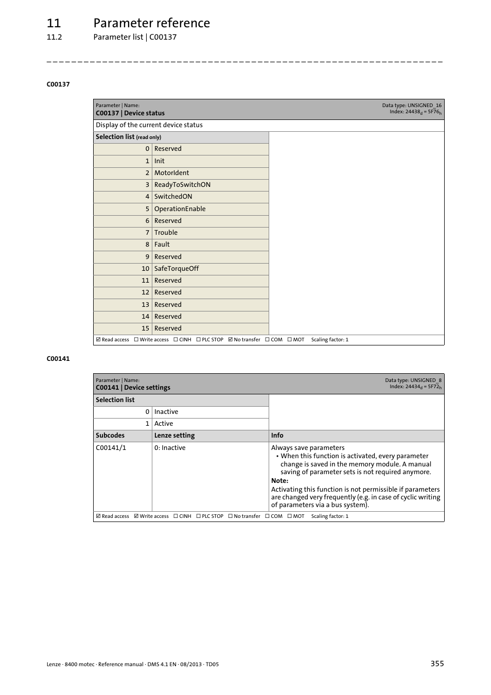 C00137 | device status, C00141 | device settings, C00137 | Active" in, C00141/1, Displays the current de, 11 parameter reference | Lenze 8400 motec User Manual | Page 355 / 518