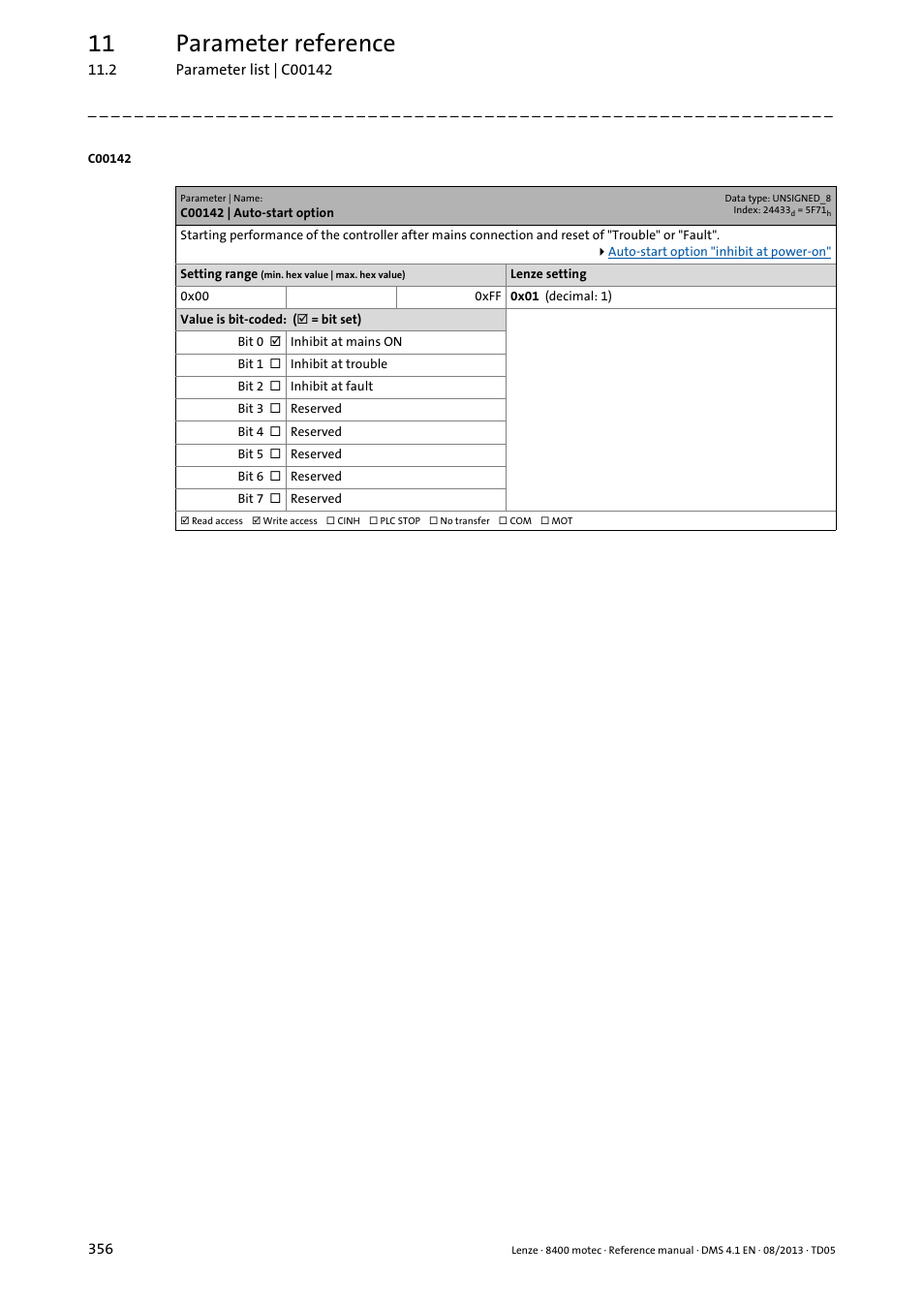 C00142 | auto-start option, C00142, Tivated in | 11 parameter reference | Lenze 8400 motec User Manual | Page 356 / 518
