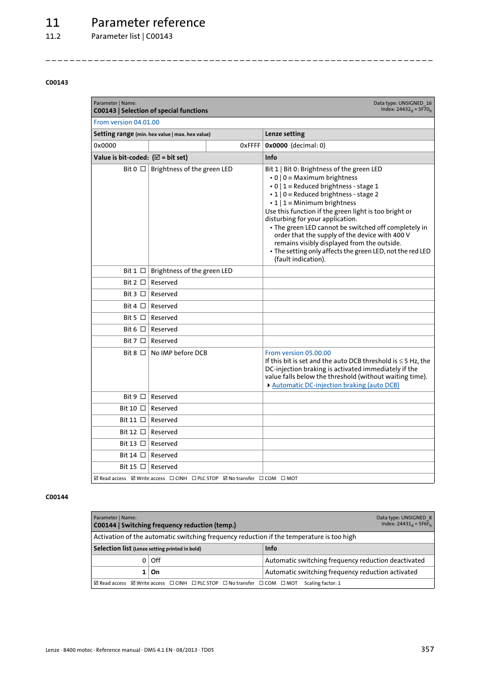 C00143 | selection of special functions, C00144 | switching frequency reduction (temp.), C00144 | Ted via, C00143, 11 parameter reference | Lenze 8400 motec User Manual | Page 357 / 518