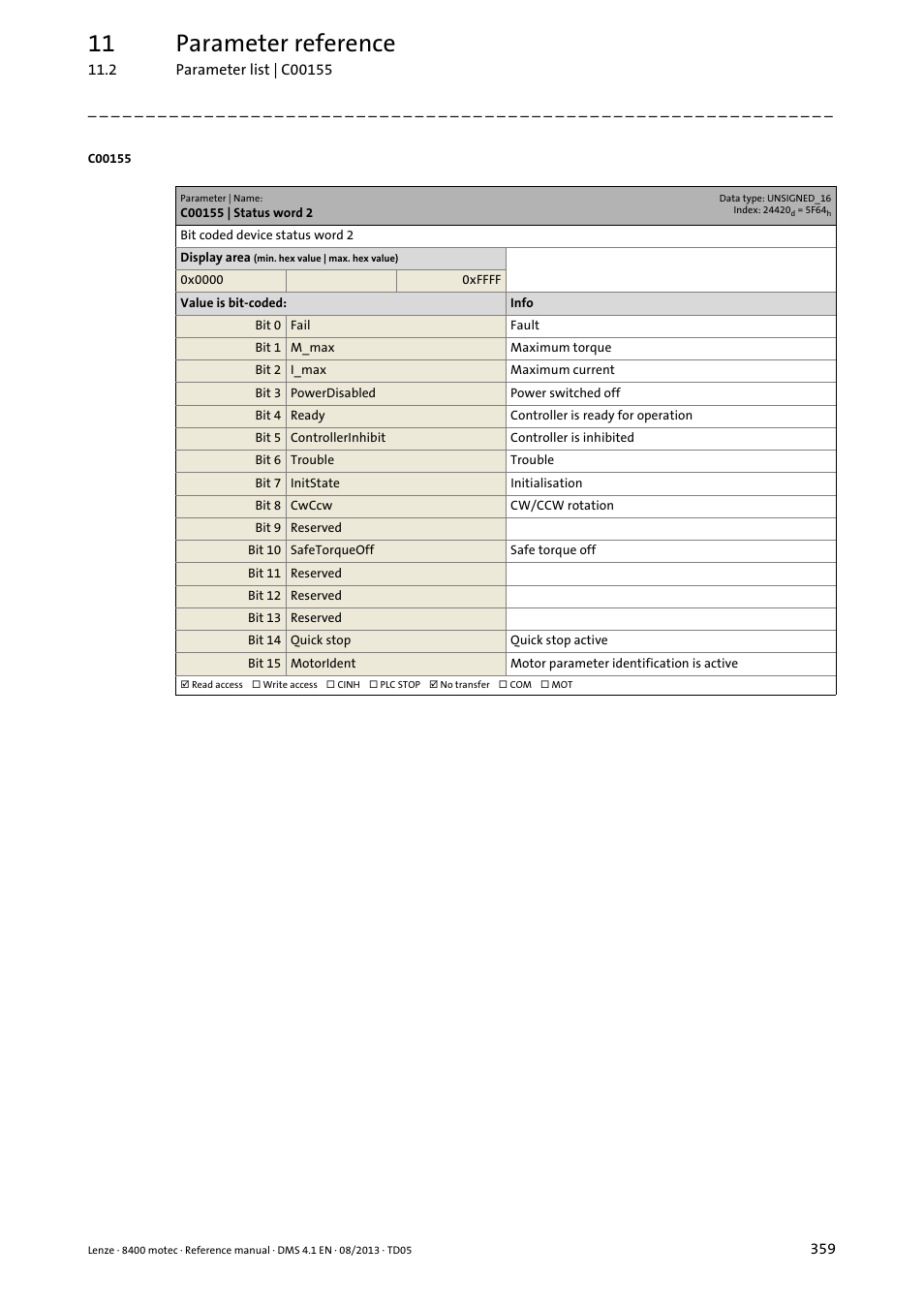 C00155 | status word 2, Atus word, C00155 | 11 parameter reference | Lenze 8400 motec User Manual | Page 359 / 518