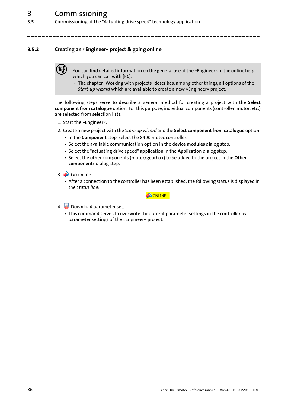 2 creating an »engineer« project & going online, Creating an »engineer« project & going online, 3commissioning | Lenze 8400 motec User Manual | Page 36 / 518