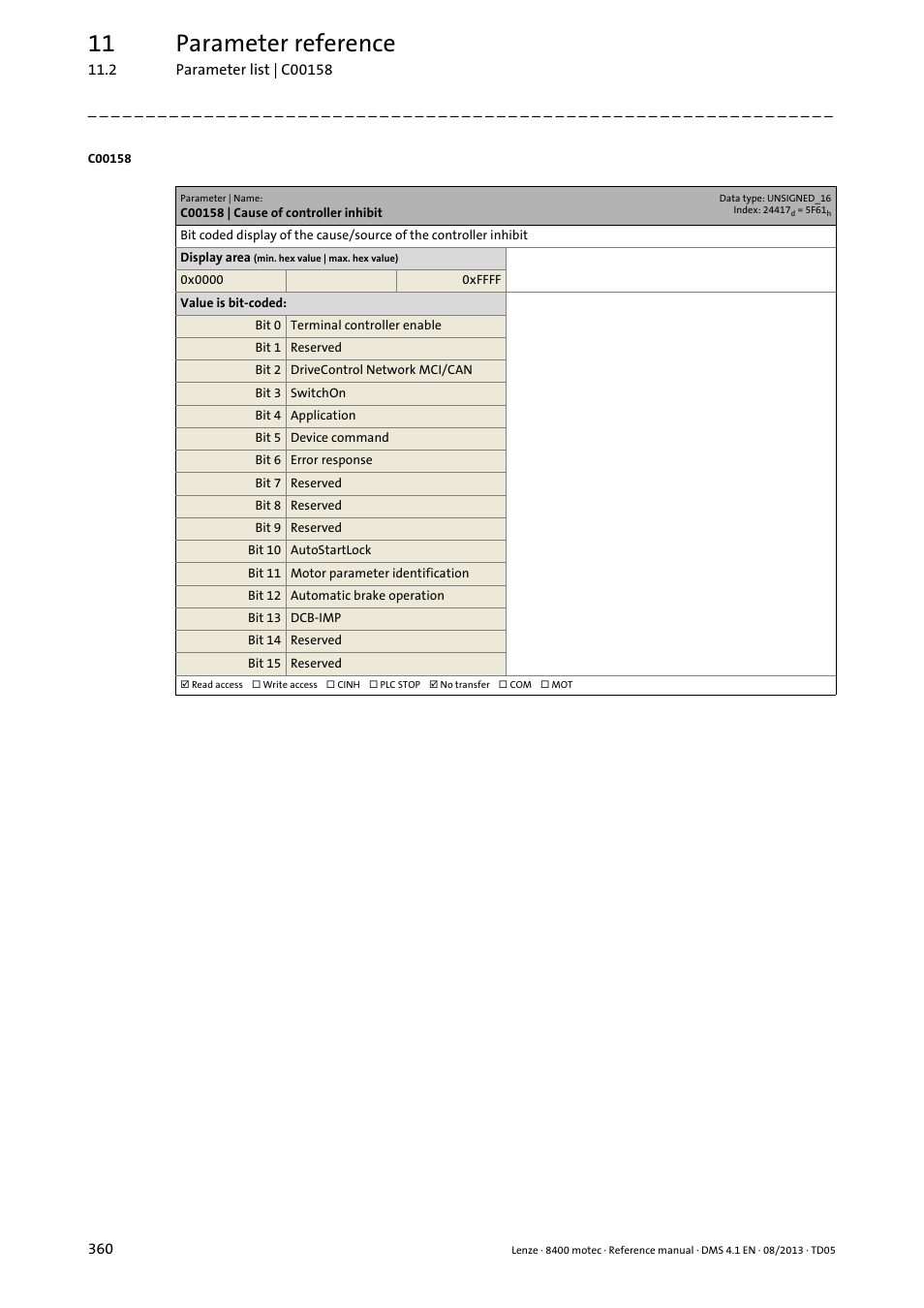 C00158 | cause of controller inhibit, C00158, Provides | Provide, Controller inhibit, 11 parameter reference | Lenze 8400 motec User Manual | Page 360 / 518