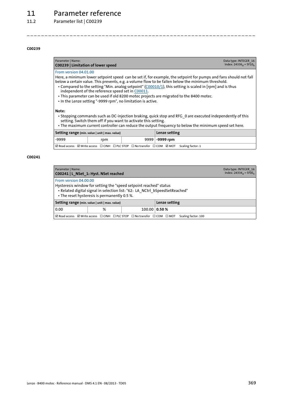 C00239 | limitation of lower speed, C00241 | l_nset_1: hyst. nset reached, C00241 | The reset hysteresi, 11 parameter reference | Lenze 8400 motec User Manual | Page 369 / 518