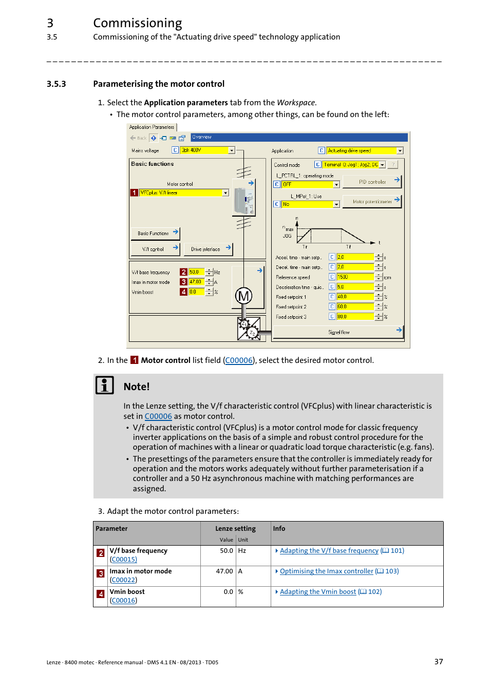 3 parameterising the motor control, Parameterising the motor control, 3commissioning | Lenze 8400 motec User Manual | Page 37 / 518