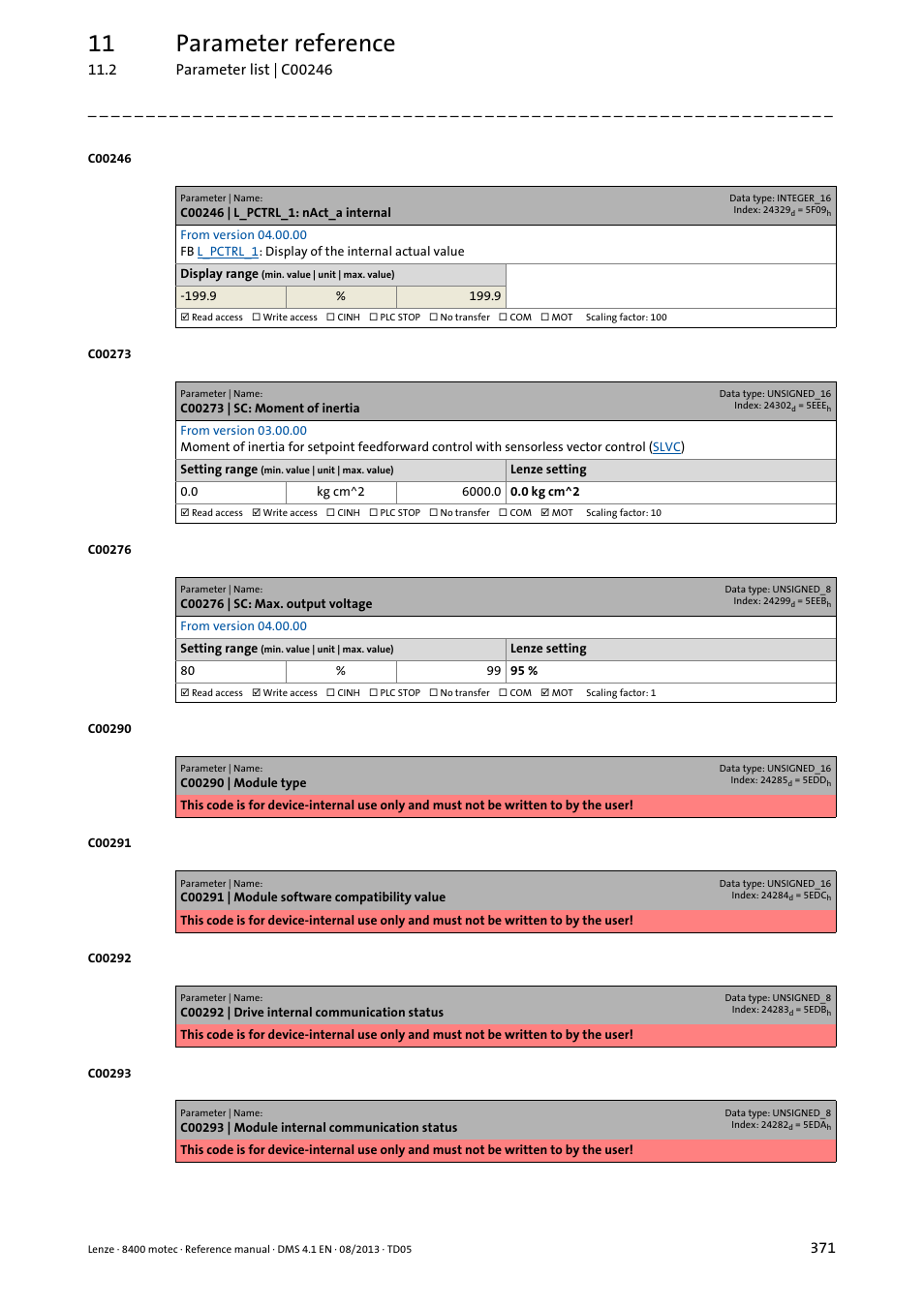 C00246 | l_pctrl_1: nact_a internal, C00273 | sc: moment of inertia, C00276 | sc: max. output voltage | C00273, Set too, And repe, C00246, 11 parameter reference | Lenze 8400 motec User Manual | Page 371 / 518