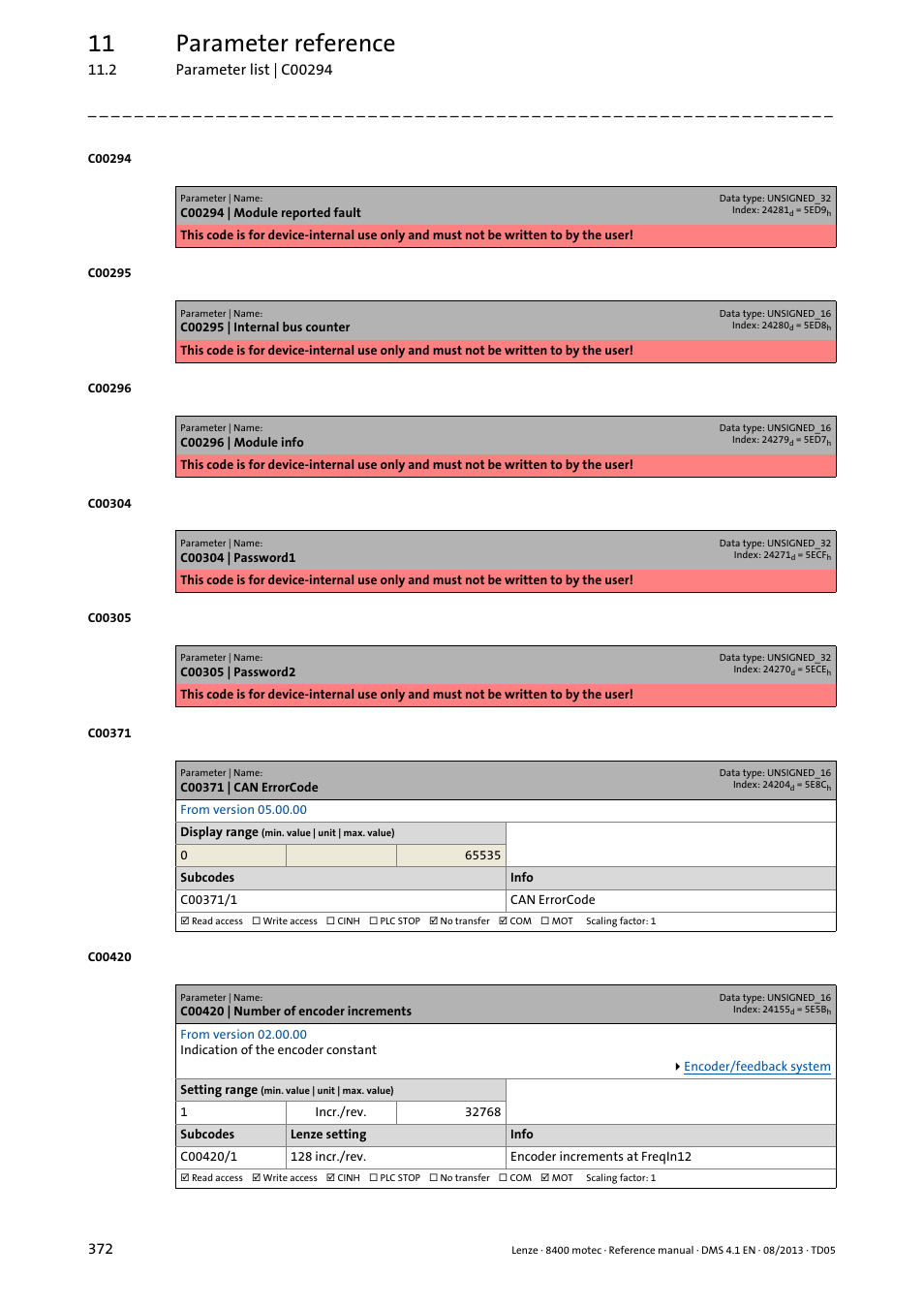 C00371 | can errorcode, C00420 | number of encoder increments, C00420/1 | 11 parameter reference | Lenze 8400 motec User Manual | Page 372 / 518