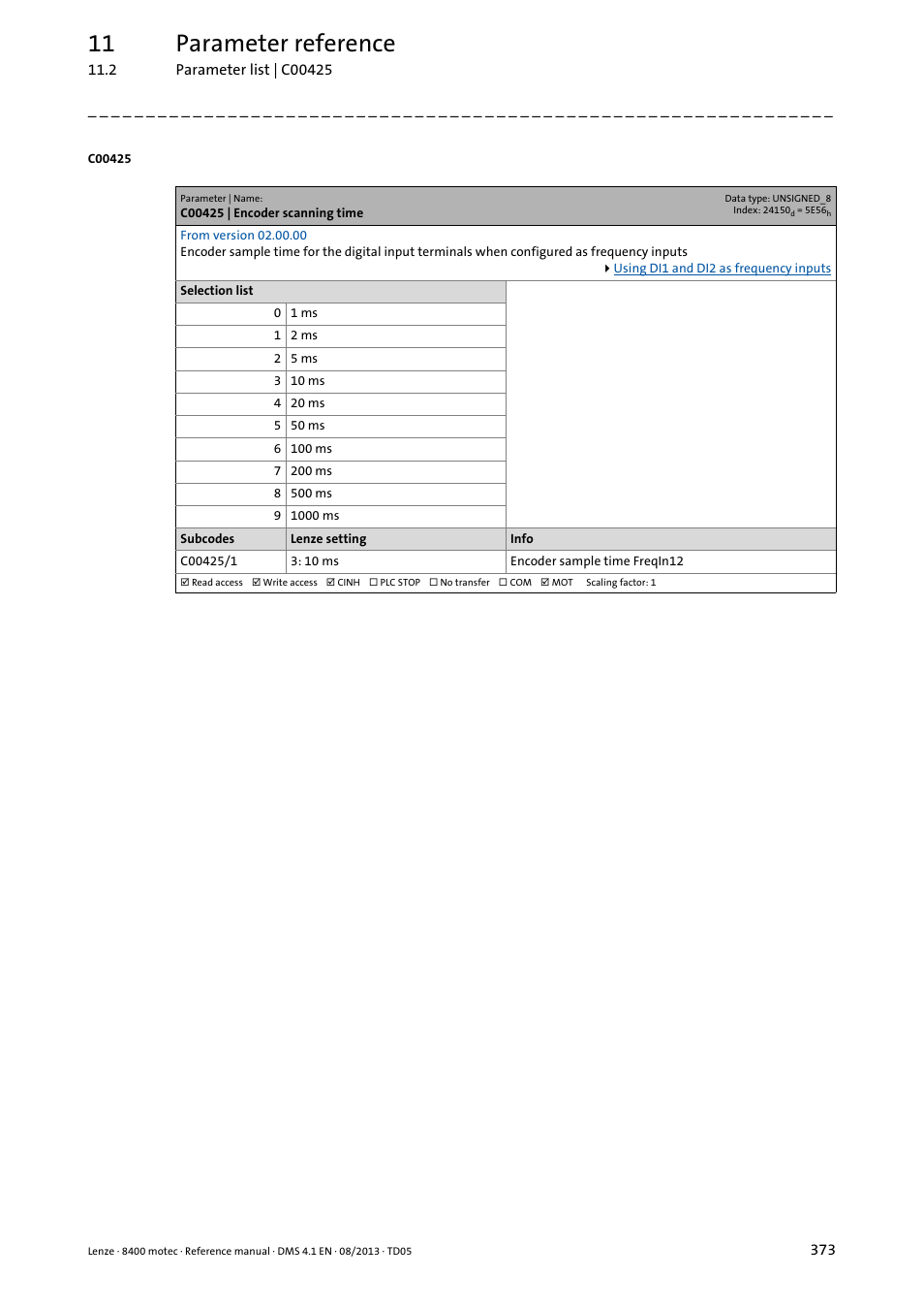 C00425 | encoder scanning time, C00425/1, C00425 | 11 parameter reference | Lenze 8400 motec User Manual | Page 373 / 518