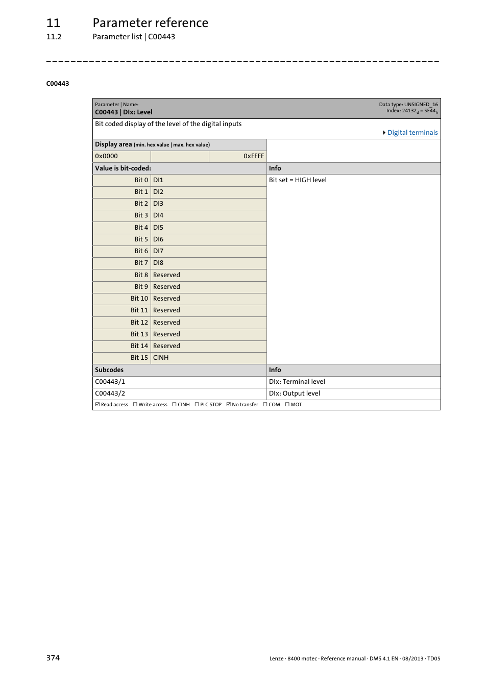 C00443 | dix: level, C00443/1, C00443/2 | 11 parameter reference | Lenze 8400 motec User Manual | Page 374 / 518