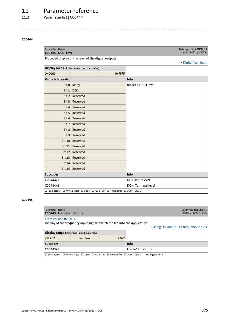 C00444 | dox: level, C00445 | freqinxx_nout_v, C00444/1 | C00444/2, C00445/1, 11 parameter reference | Lenze 8400 motec User Manual | Page 375 / 518