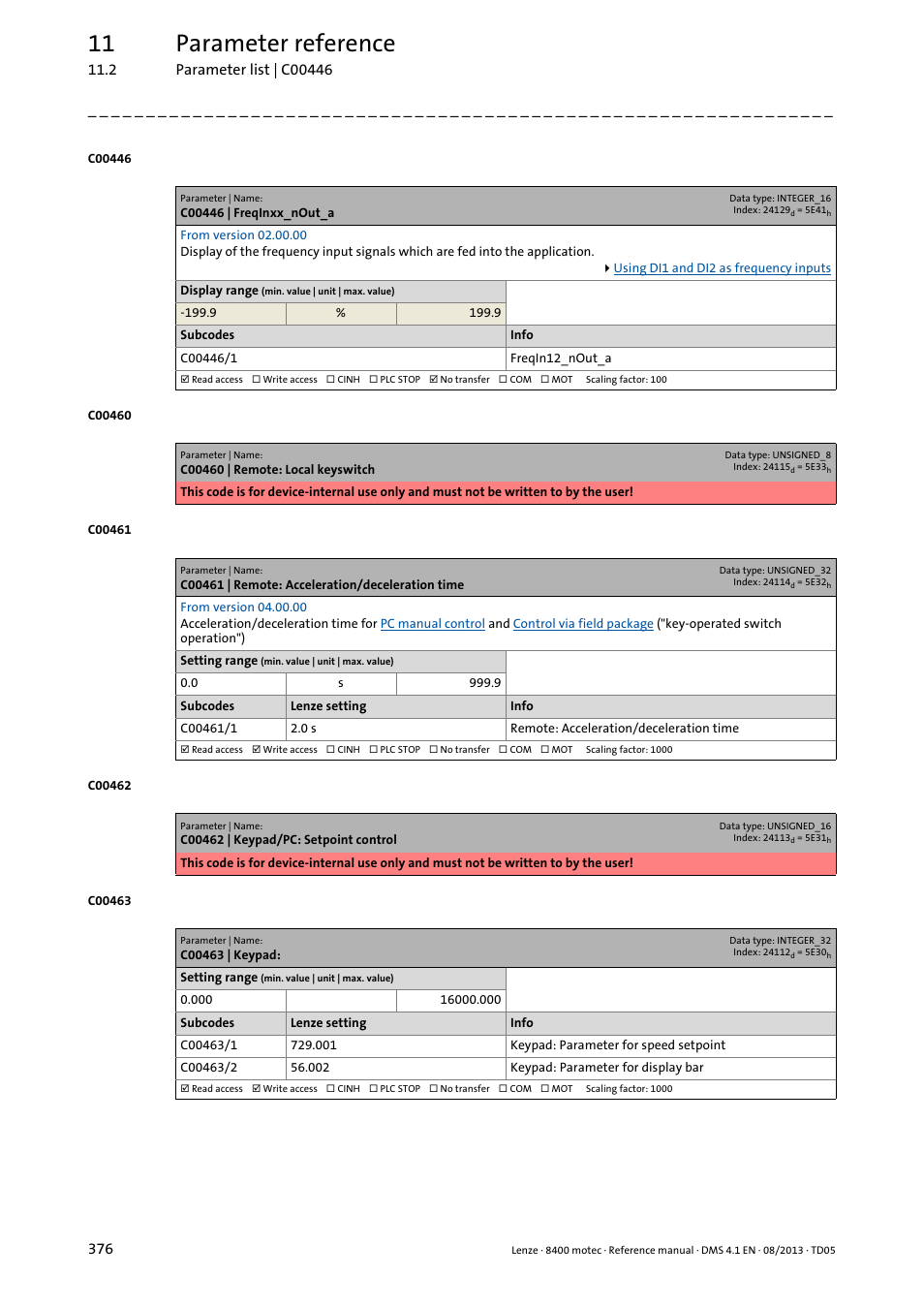 C00446 | freqinxx_nout_a, C00461 | remote: acceleration/deceleration time, C00463 | keypad | C00461/1, C00460, C00446/1, 11 parameter reference | Lenze 8400 motec User Manual | Page 376 / 518