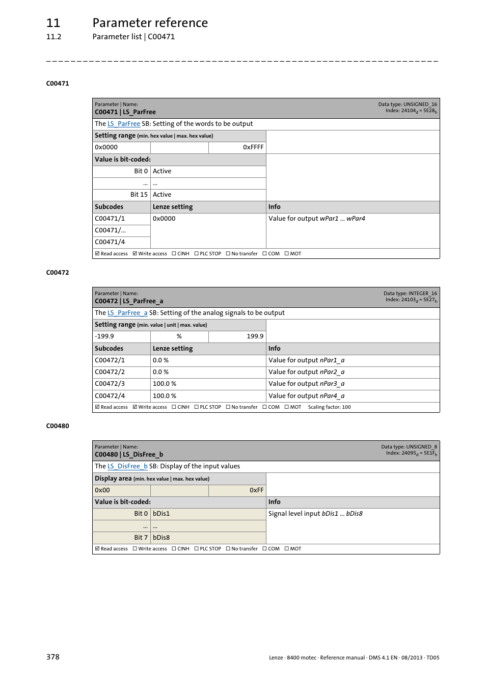 C00471 | ls_parfree, C00472 | ls_parfree_a, C00480 | ls_disfree_b | The free, C00472/3, Paramet, C472/3, 11 parameter reference | Lenze 8400 motec User Manual | Page 378 / 518