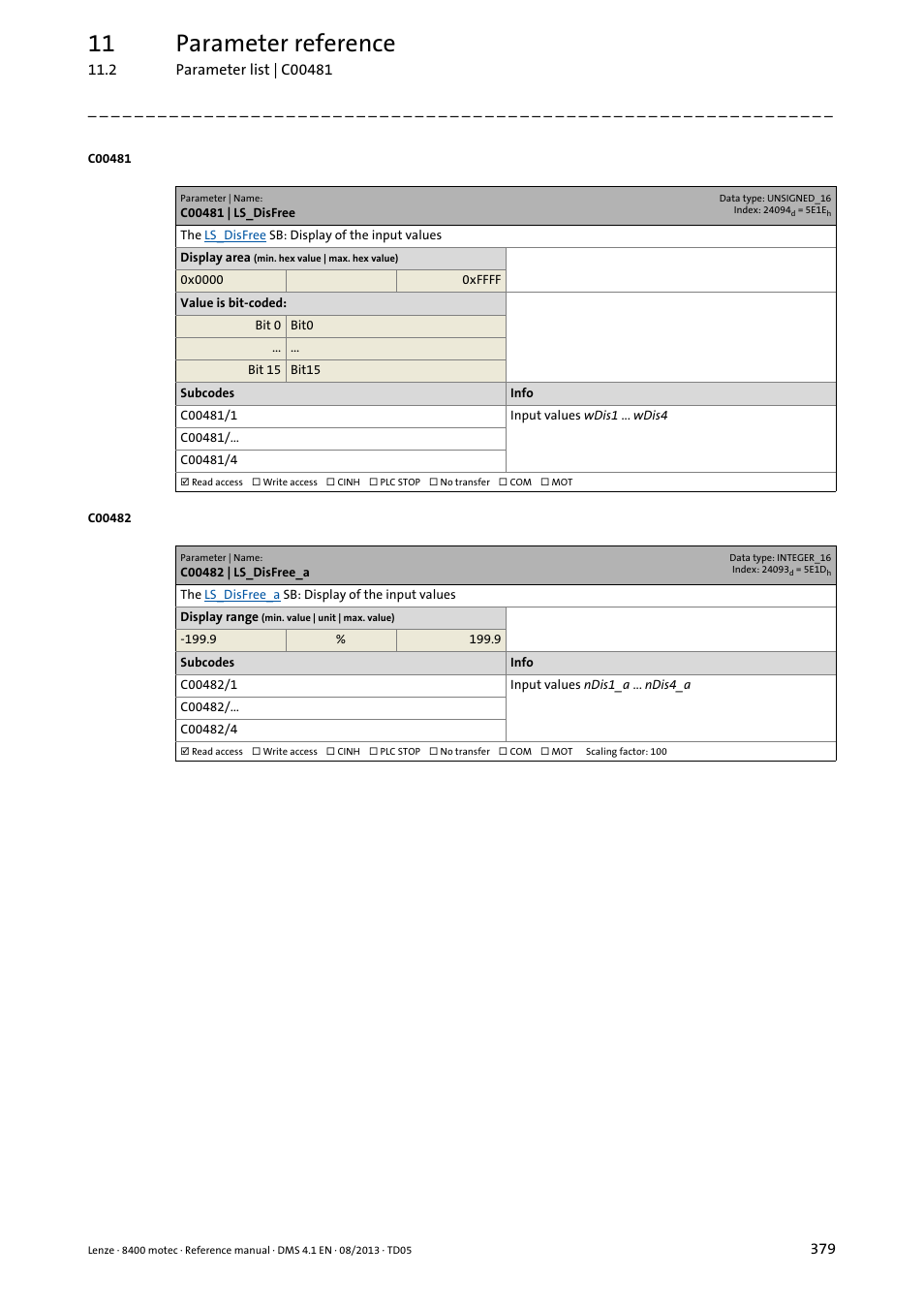 C00481 | ls_disfree, C00482 | ls_disfree_a, 11 parameter reference | Lenze 8400 motec User Manual | Page 379 / 518