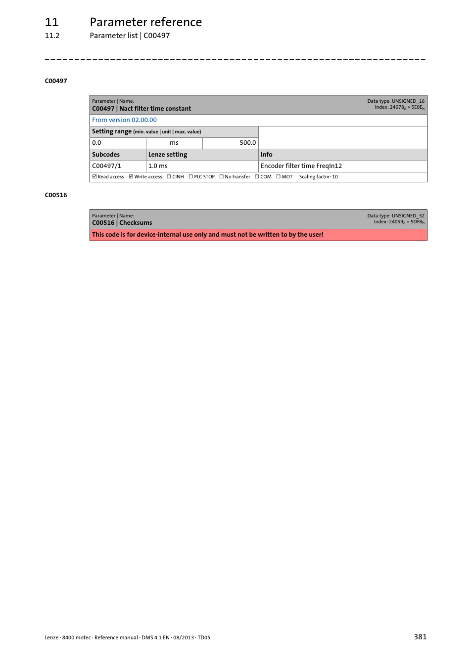 C00497 | nact filter time constant, C00497/1, 11 parameter reference | Lenze 8400 motec User Manual | Page 381 / 518