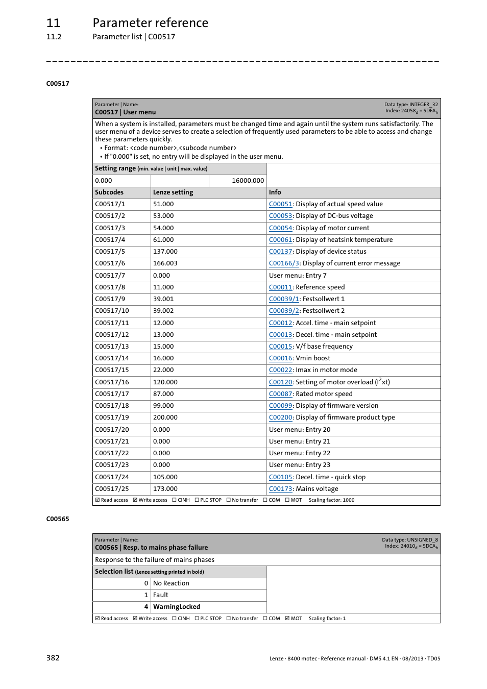 C00517 | user menu, C00565 | resp. to mains phase failure, C00517 | C00565, 11 parameter reference | Lenze 8400 motec User Manual | Page 382 / 518