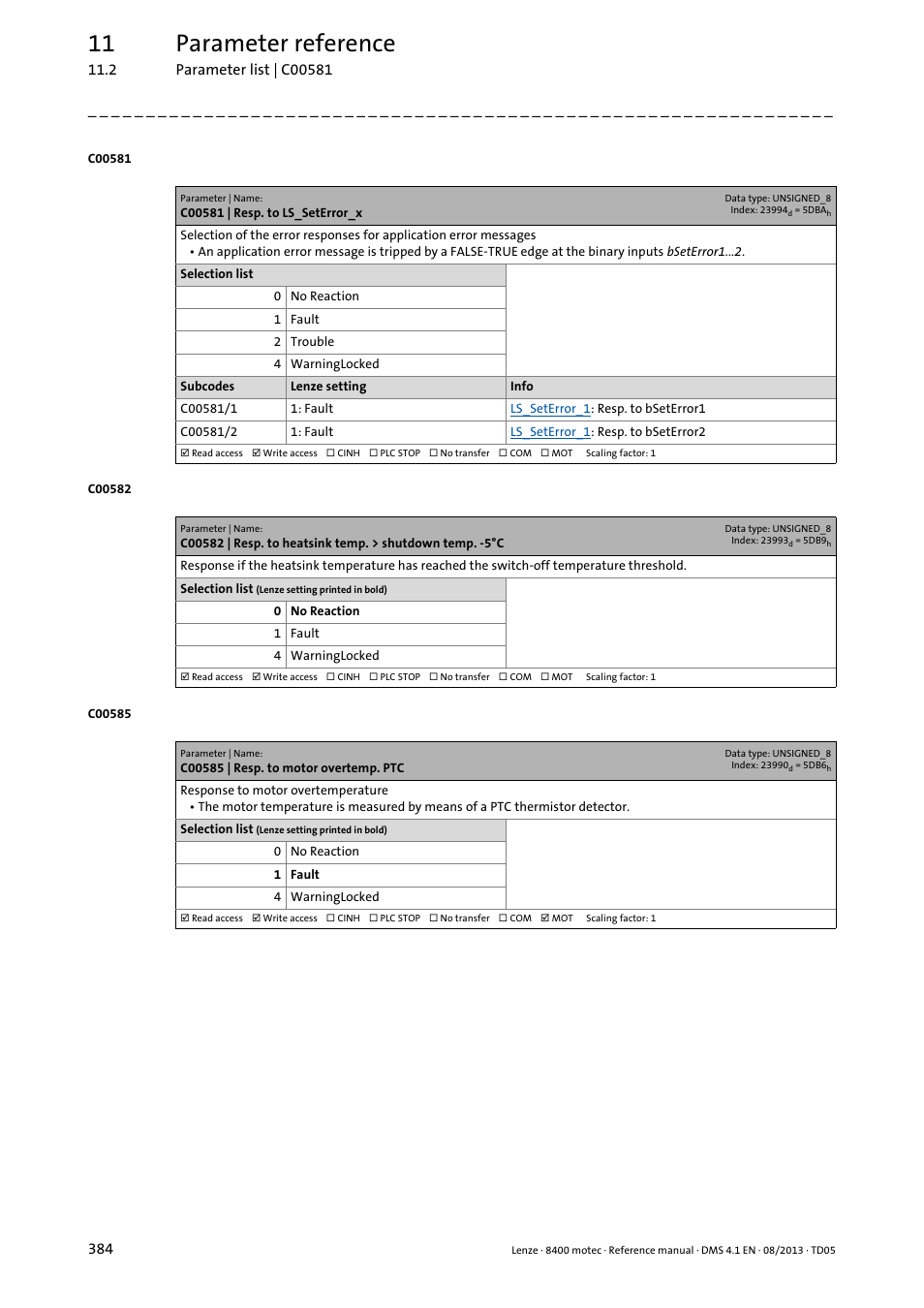 C00581 | resp. to ls_seterror_x, C00585 | resp. to motor overtemp. ptc, C00585 | Is activated, Fault"), mo, C00582, C00581/1, C00581/2, 11 parameter reference | Lenze 8400 motec User Manual | Page 384 / 518