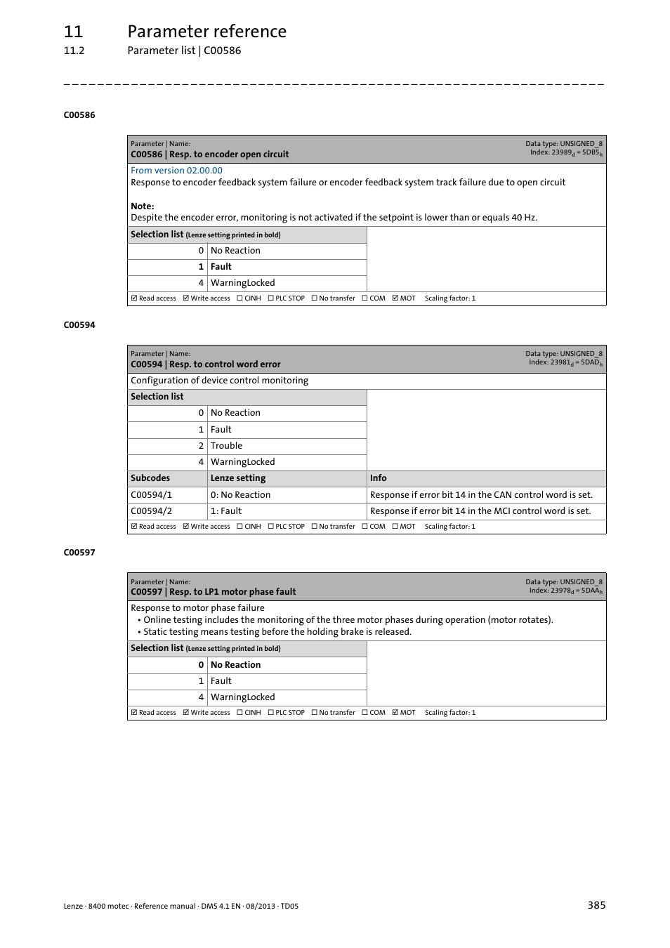 C00586 | resp. to encoder open circuit, C00594 | resp. to control word error, C00597 | resp. to lp1 motor phase fault | C00586, Is activated, C00597, A mo, C00594/2, 11 parameter reference | Lenze 8400 motec User Manual | Page 385 / 518