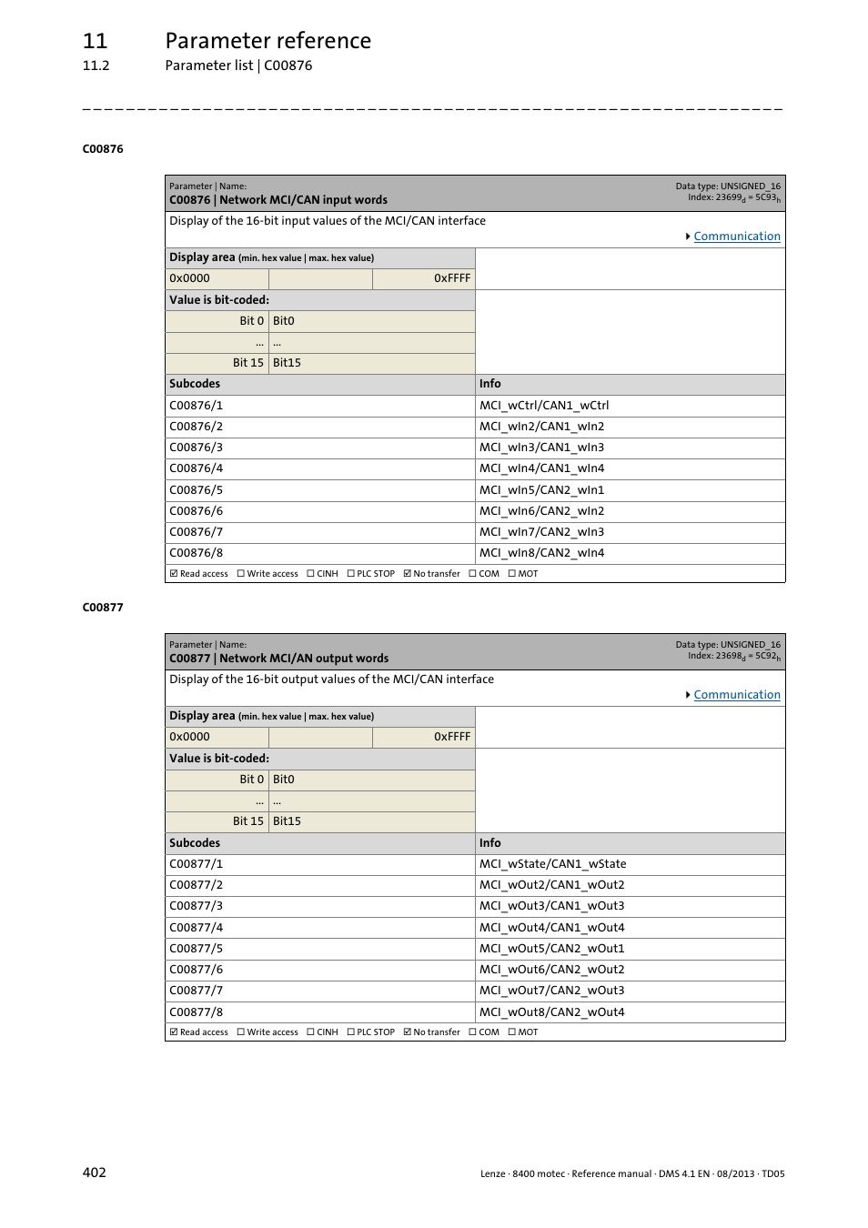 C00876 | network mci/can input words, C00877 | network mci/an output words, 11 parameter reference | Lenze 8400 motec User Manual | Page 402 / 518
