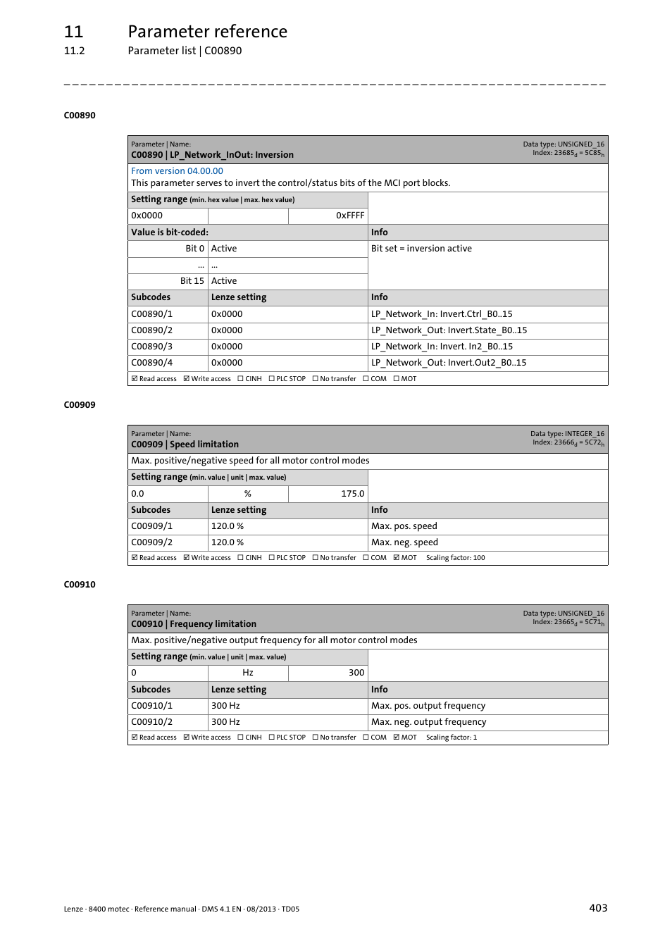 C00890 | lp_network_inout: inversion, C00909 | speed limitation, C00910 | frequency limitation | C00909/1, C00909/2, C00910/1, C00910/2, C00909, C000910, C00910 | Lenze 8400 motec User Manual | Page 403 / 518