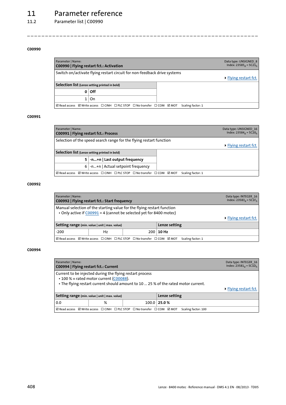 C00990 | flying restart fct.: activation, C00991 | flying restart fct.: process, C00992 | flying restart fct.: start frequency | C00994 | flying restart fct.: current, C00990, The flying r, C00991, C00992, C00994, Which | Lenze 8400 motec User Manual | Page 408 / 518