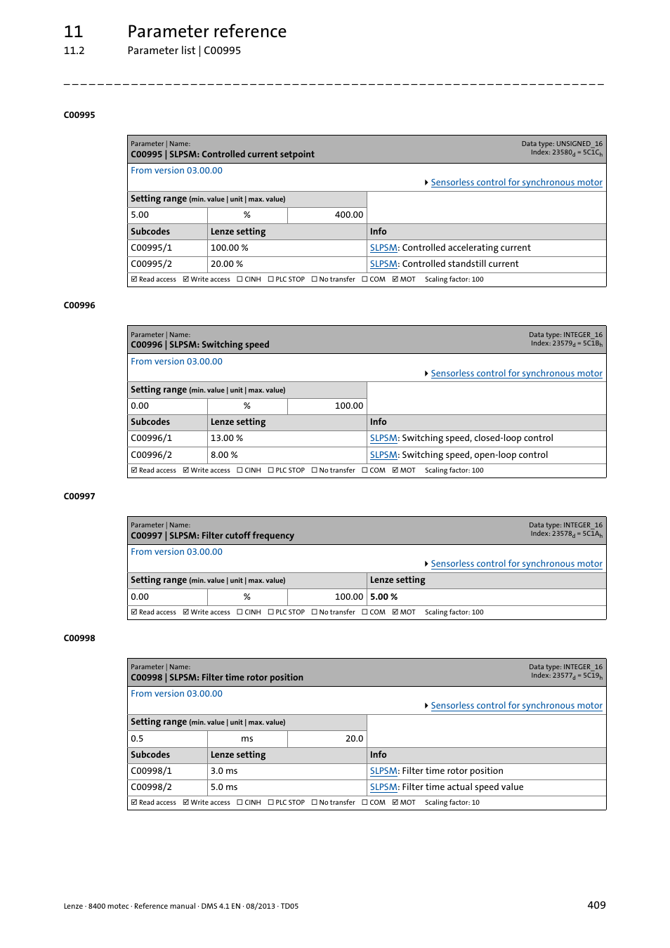 C00995 | slpsm: controlled current setpoint, C00996 | slpsm: switching speed, C00997 | slpsm: filter cutoff frequency | C00998 | slpsm: filter time rotor position, C00998/2, C00998/1, C00996/1, C00996/2, C00995/1, C00995/2 | Lenze 8400 motec User Manual | Page 409 / 518