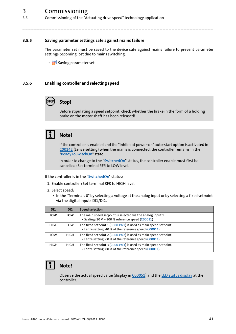 6 enabling controller and selecting speed, Enabling controller and selecting speed, 3commissioning | Lenze 8400 motec User Manual | Page 41 / 518