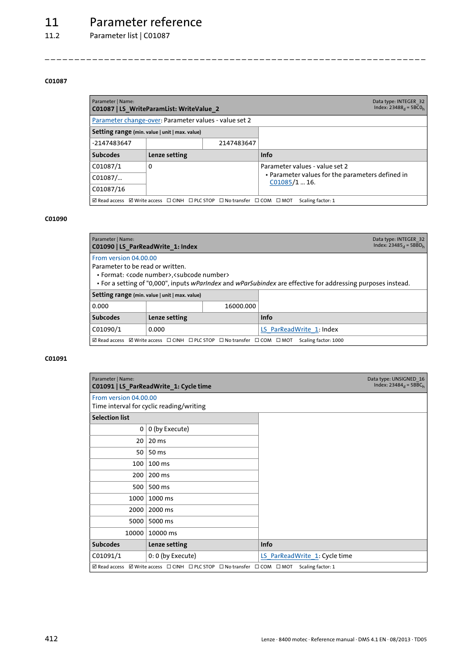 C01087 | ls_writeparamlist: writevalue_2, C01090 | ls_parreadwrite_1: index, C01091 | ls_parreadwrite_1: cycle time | Same manner in, C01087/1 ... n, 11 parameter reference | Lenze 8400 motec User Manual | Page 412 / 518