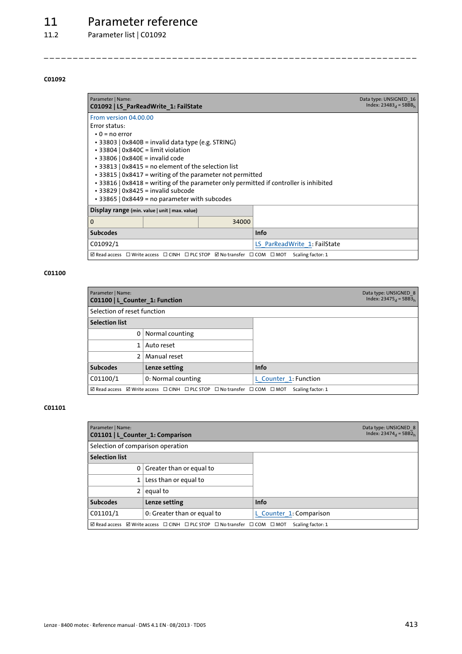 C01092 | ls_parreadwrite_1: failstate, C01100 | l_counter_1: function, C01101 | l_counter_1: comparison | 11 parameter reference | Lenze 8400 motec User Manual | Page 413 / 518