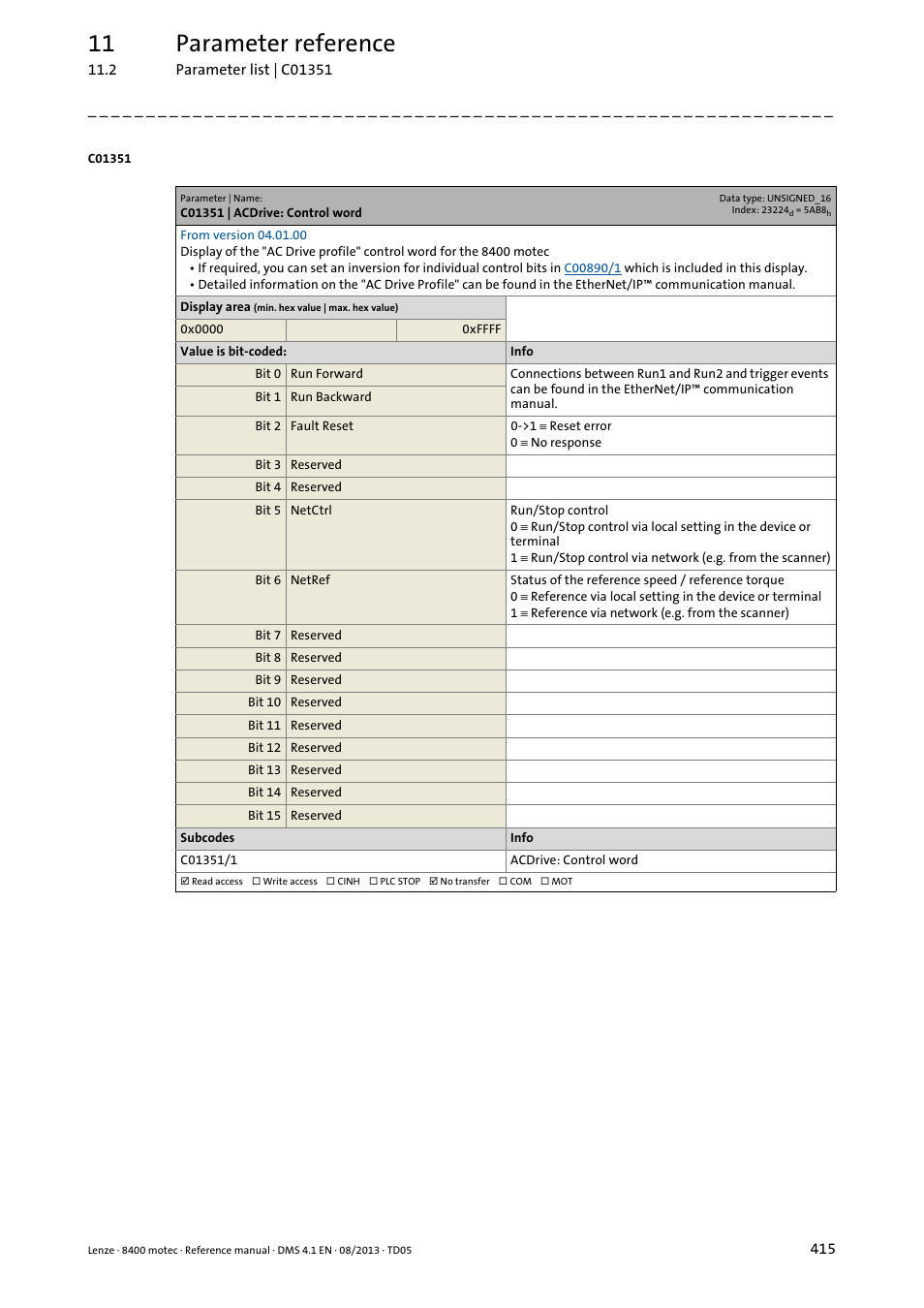 C01351 | acdrive: control word, C01351/1, 11 parameter reference | Lenze 8400 motec User Manual | Page 415 / 518