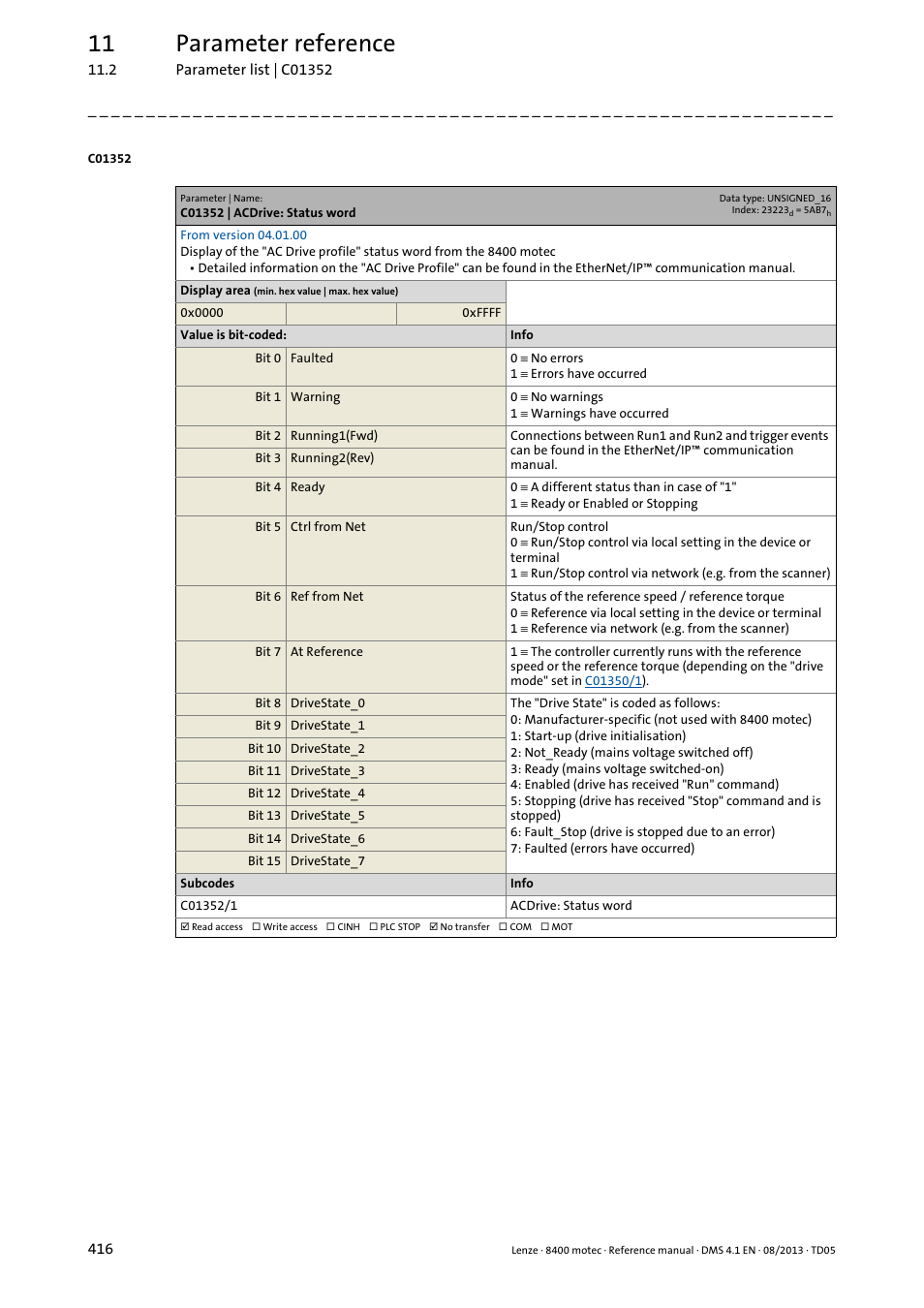 C01352 | acdrive: status word, C01352/1, 11 parameter reference | Lenze 8400 motec User Manual | Page 416 / 518