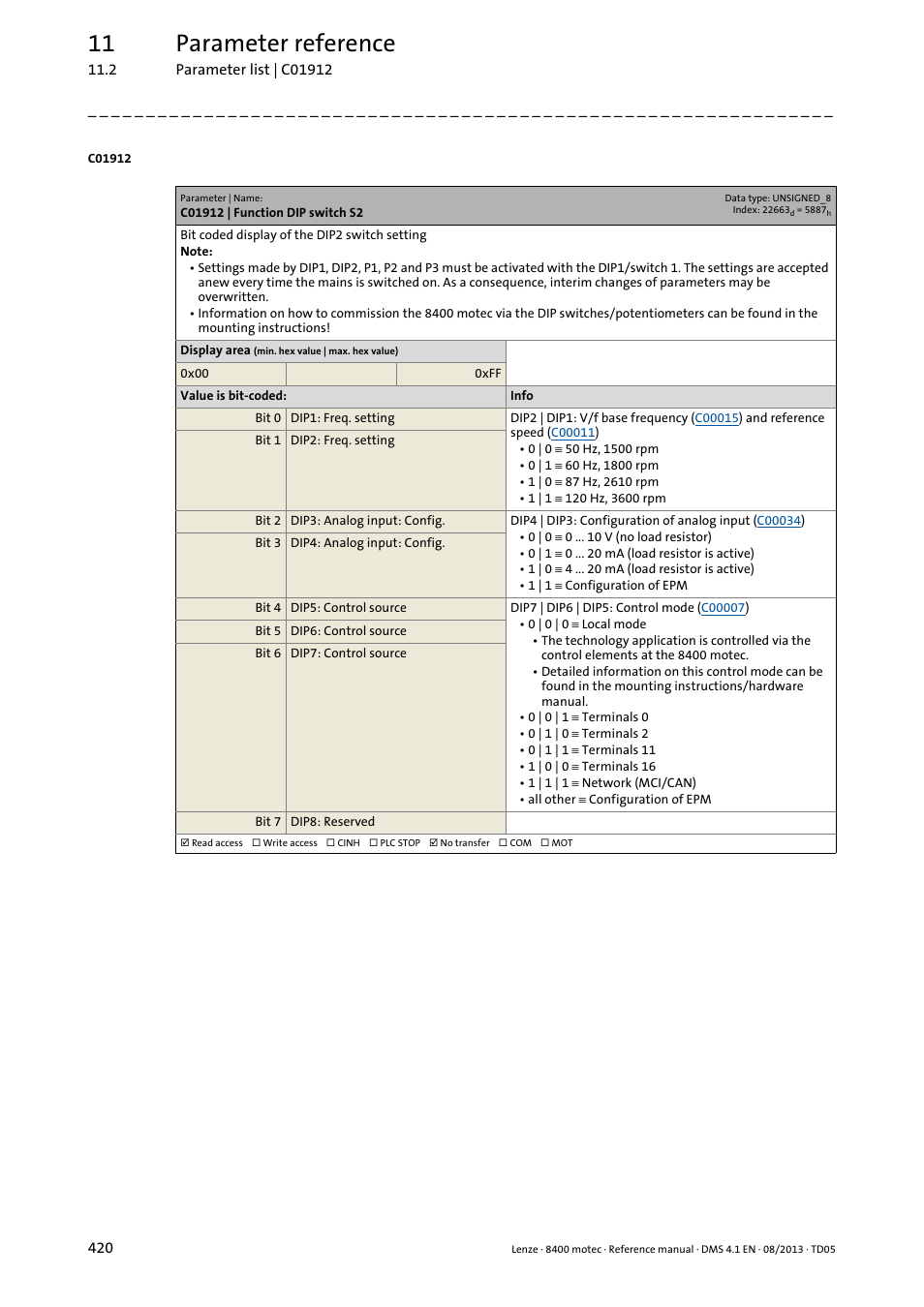 C01912 | function dip switch s2, C01912, 11 parameter reference | Lenze 8400 motec User Manual | Page 420 / 518