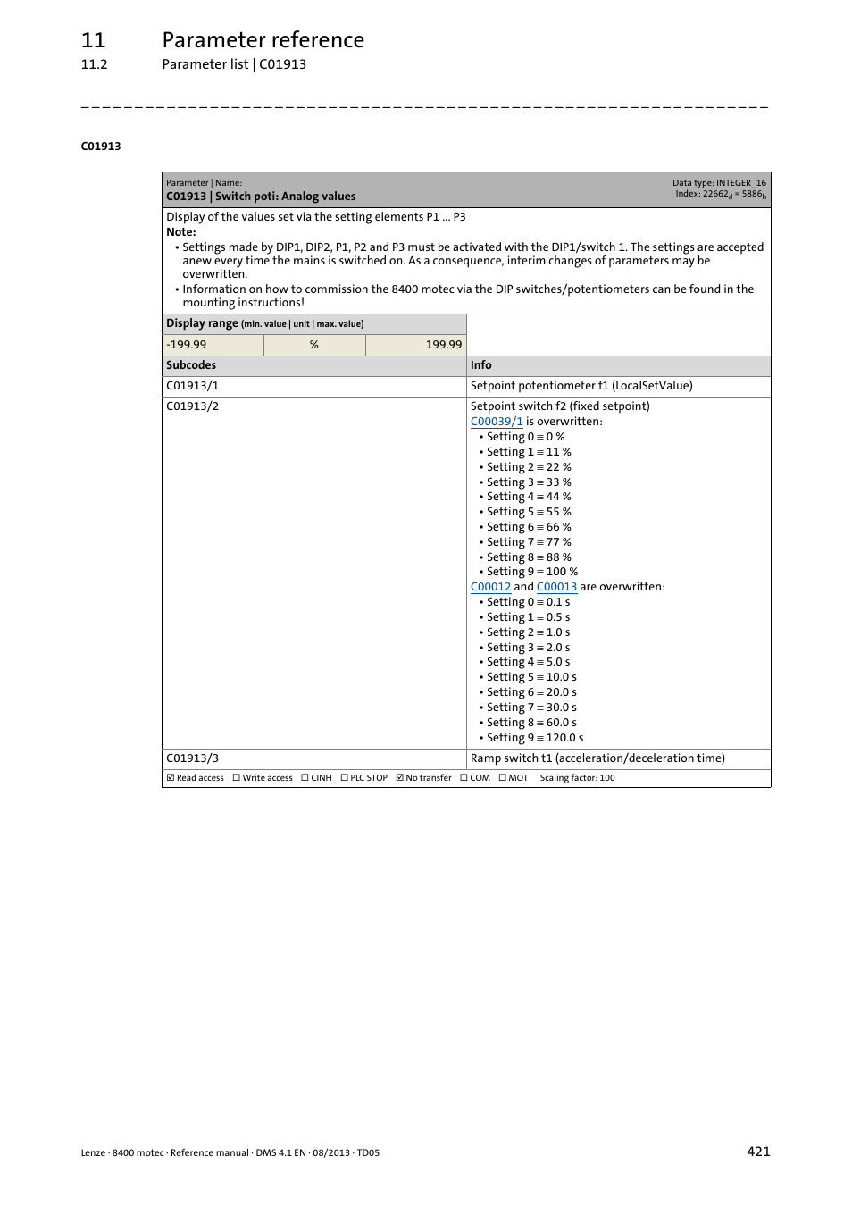 C01913 | switch poti: analog values, C01913/1, C01913/2 | C01913/3, 11 parameter reference | Lenze 8400 motec User Manual | Page 421 / 518