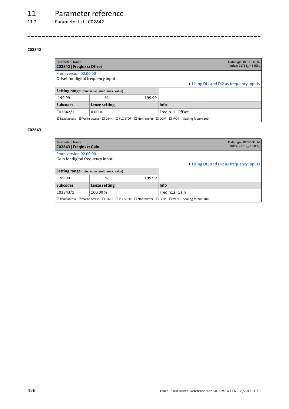 C02842 | freqinxx: offset, C02843 | freqinxx: gain, C02842/1 | C02843/1, 11 parameter reference | Lenze 8400 motec User Manual | Page 426 / 518