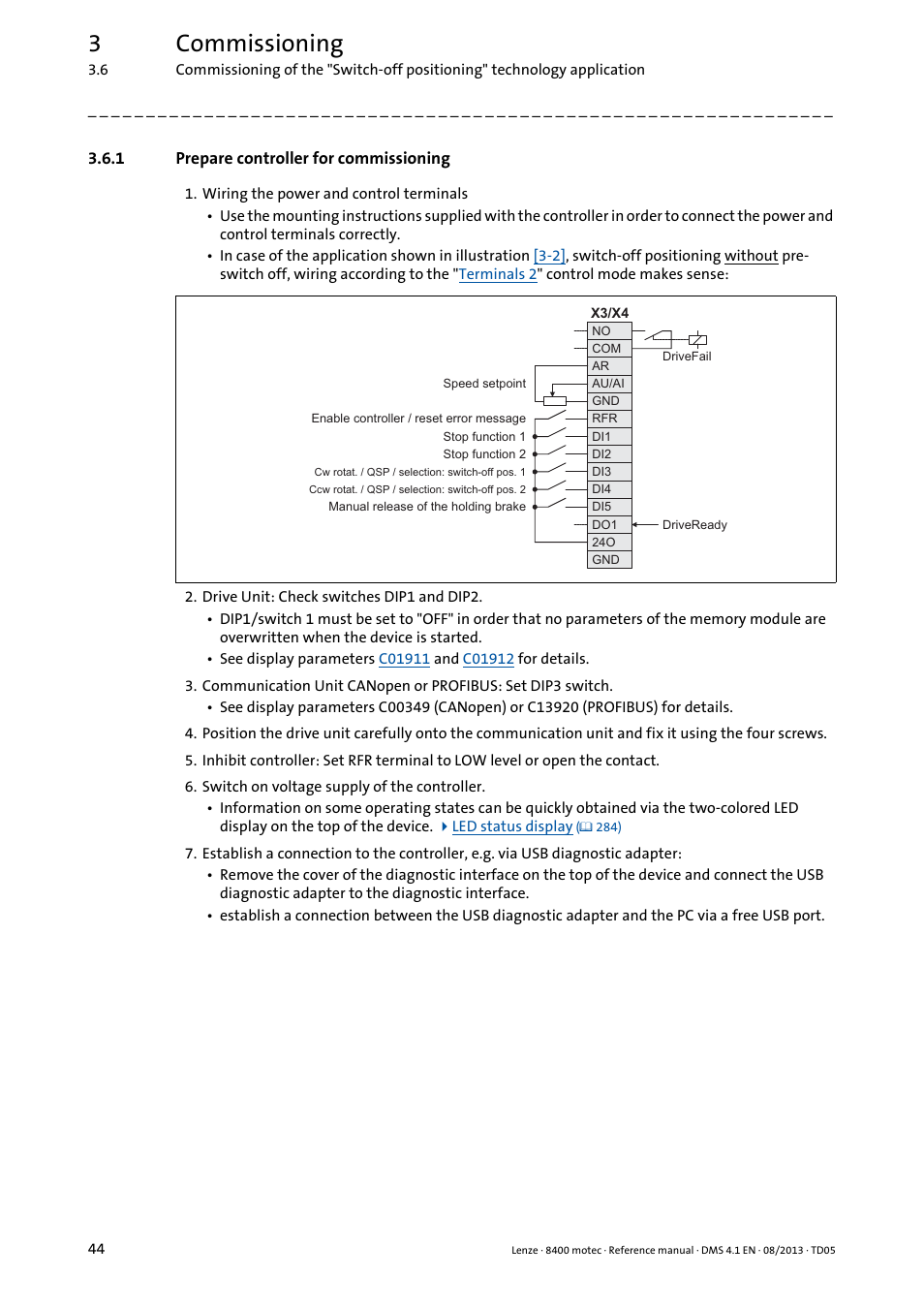 1 prepare controller for commissioning, Prepare controller for commissioning, 3commissioning | Lenze 8400 motec User Manual | Page 44 / 518