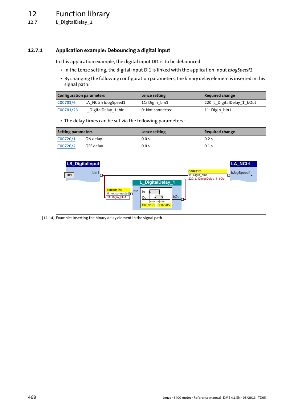 1 application example: debouncing a digital input, Application example: debouncing a digital input, 12 function library | Lenze 8400 motec User Manual | Page 468 / 518